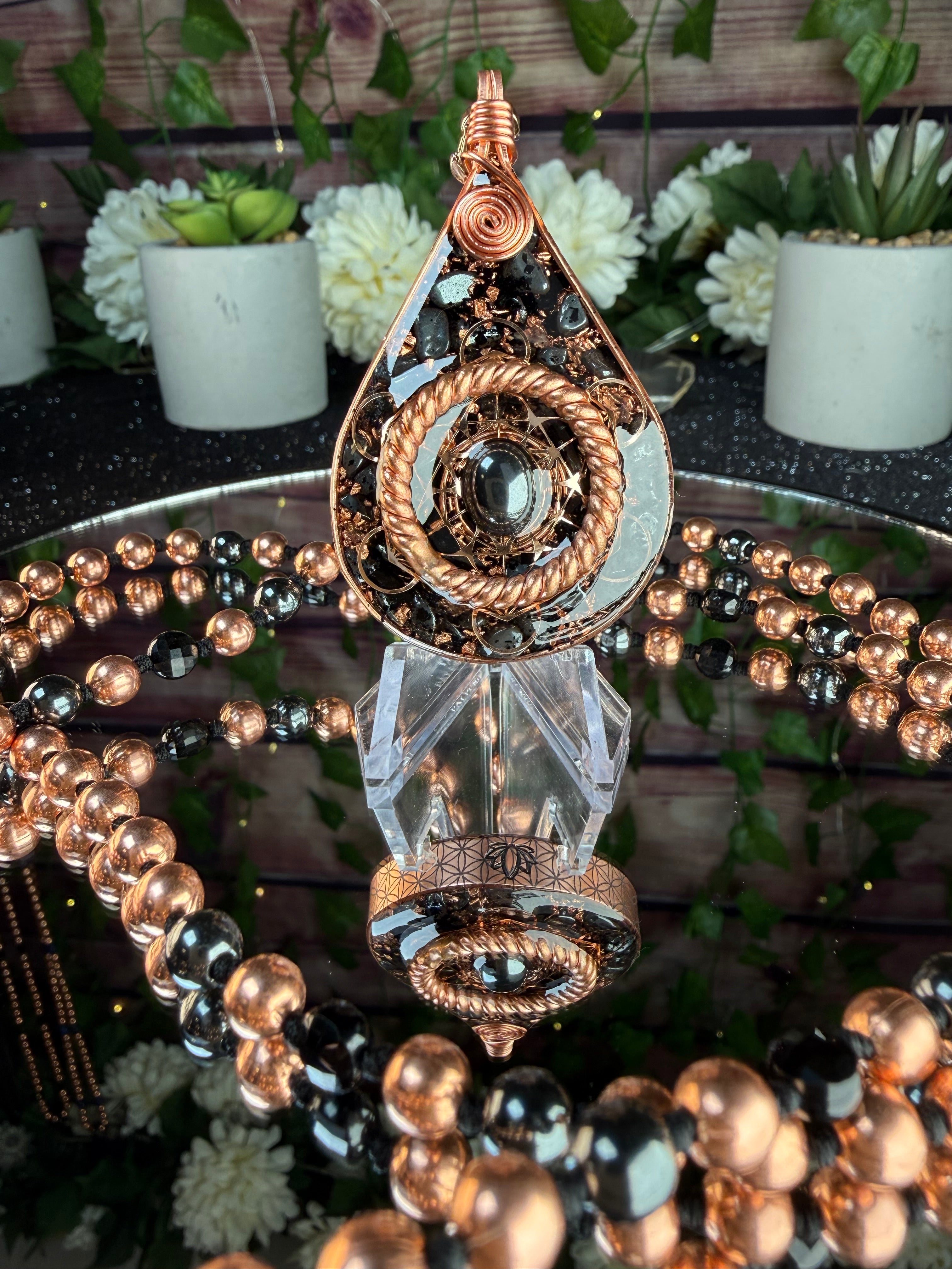 Step into your power~Orgonite Mala with Black Tourmaline, Hematite, Elite Shungite, Diamond Quartz, Copper & Sacred Cubit Tensor Ring-Made to Order