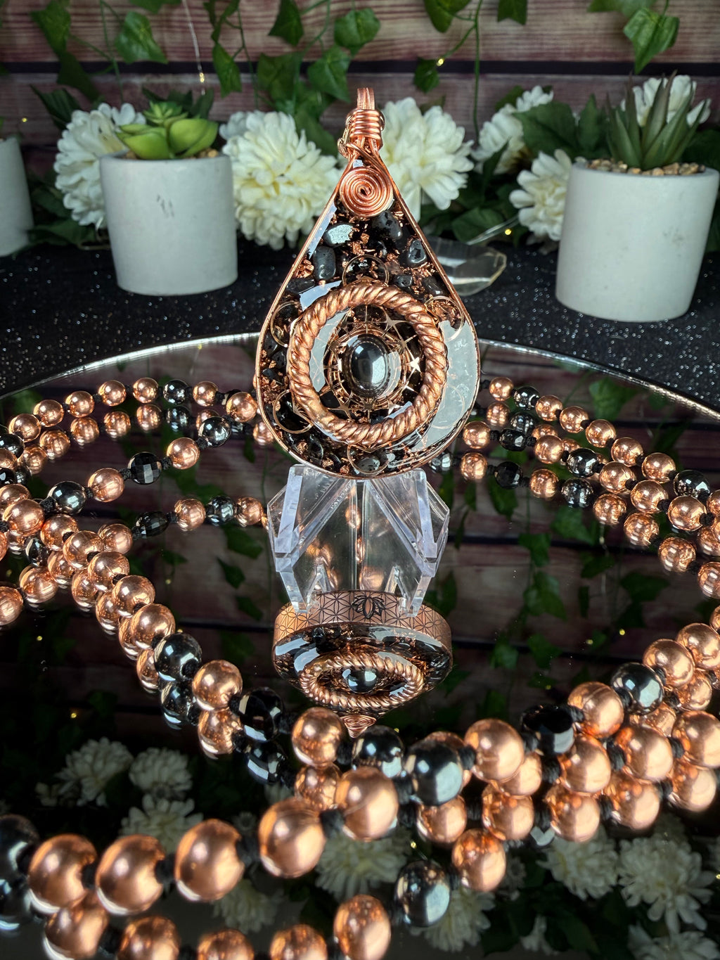 Step into your power~Orgonite Mala with Black Tourmaline, Hematite, Elite Shungite, Diamond Quartz, Copper & Sacred Cubit Tensor Ring-Made to Order