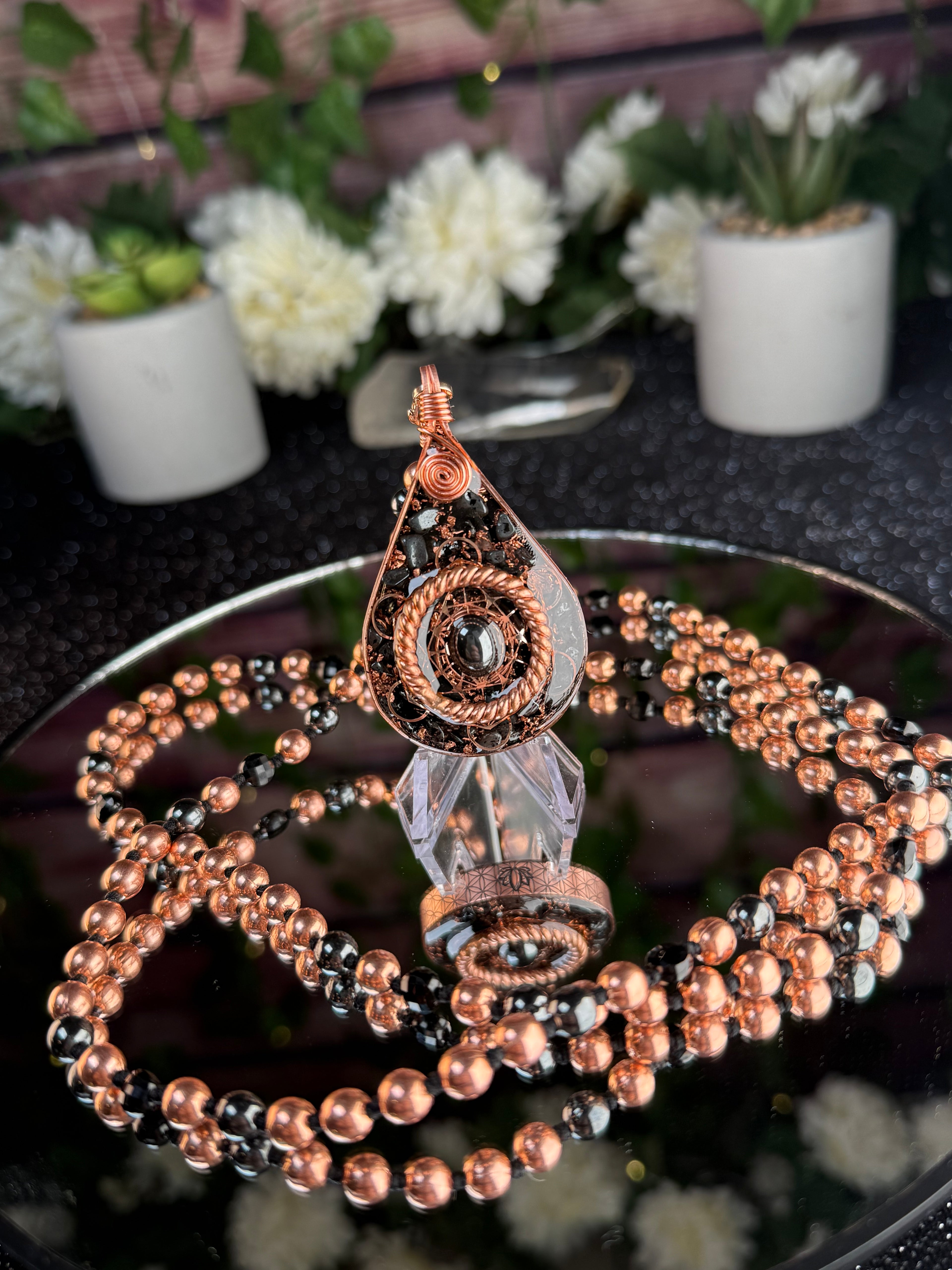 Step into your power~Orgonite Mala with Black Tourmaline, Hematite, Elite Shungite, Diamond Quartz, Copper & Sacred Cubit Tensor Ring-Made to Order