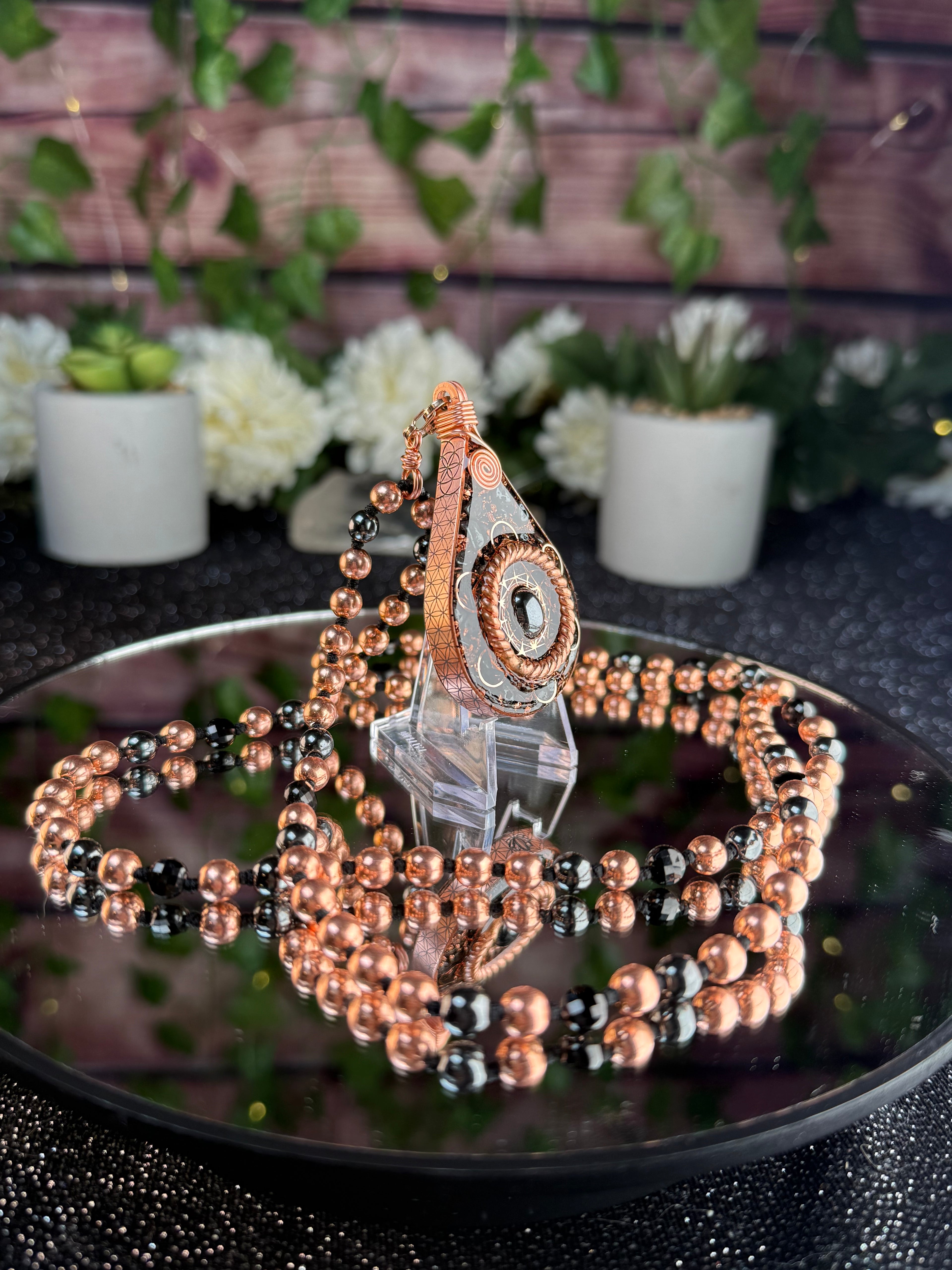 Step into your power~Orgonite Mala with Black Tourmaline, Hematite, Elite Shungite, Diamond Quartz, Copper & Sacred Cubit Tensor Ring-Made to Order