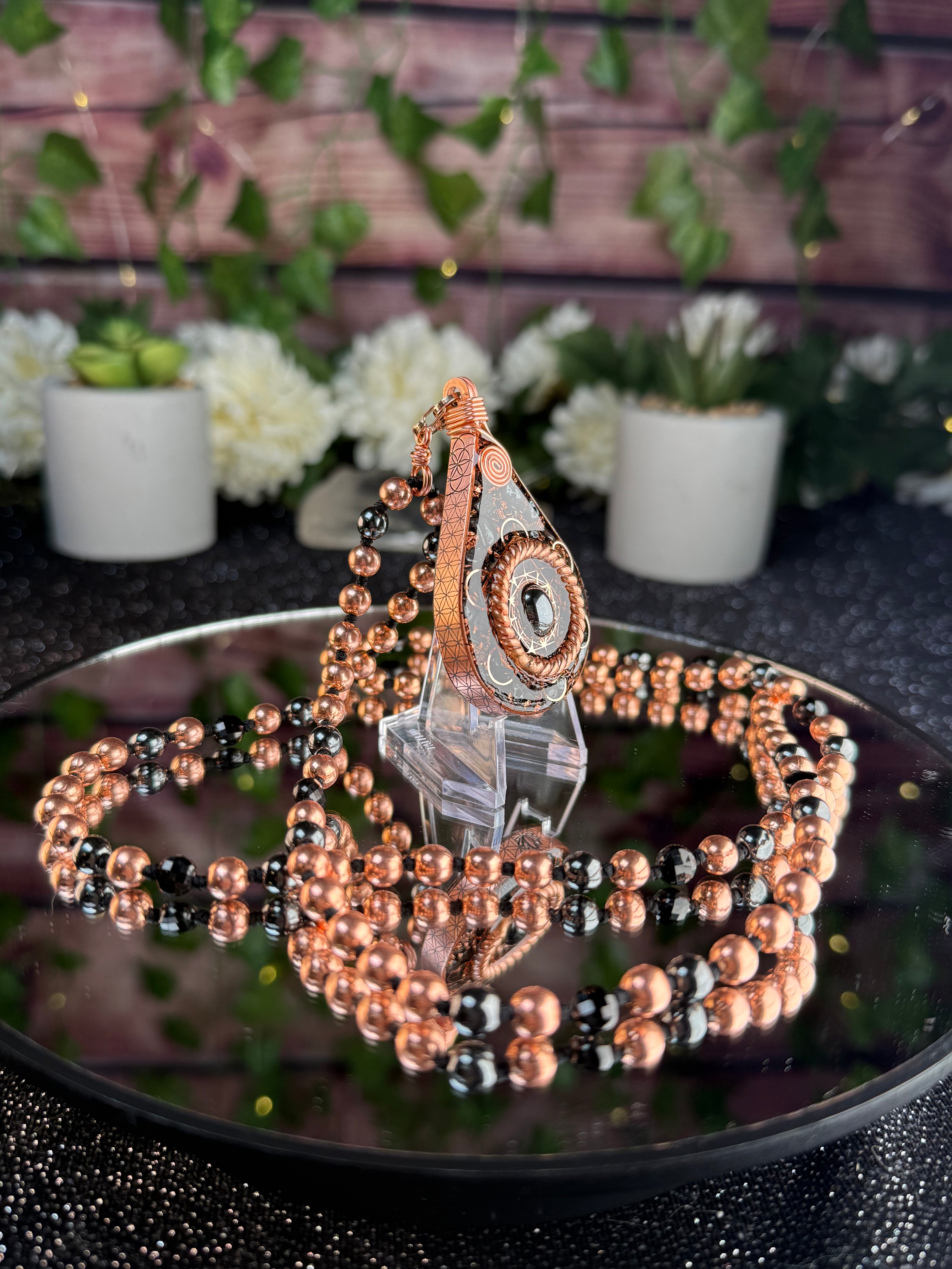 Step into your power~Orgonite Mala with Black Tourmaline, Hematite, Elite Shungite, Diamond Quartz, Copper & Sacred Cubit Tensor Ring-Made to Order