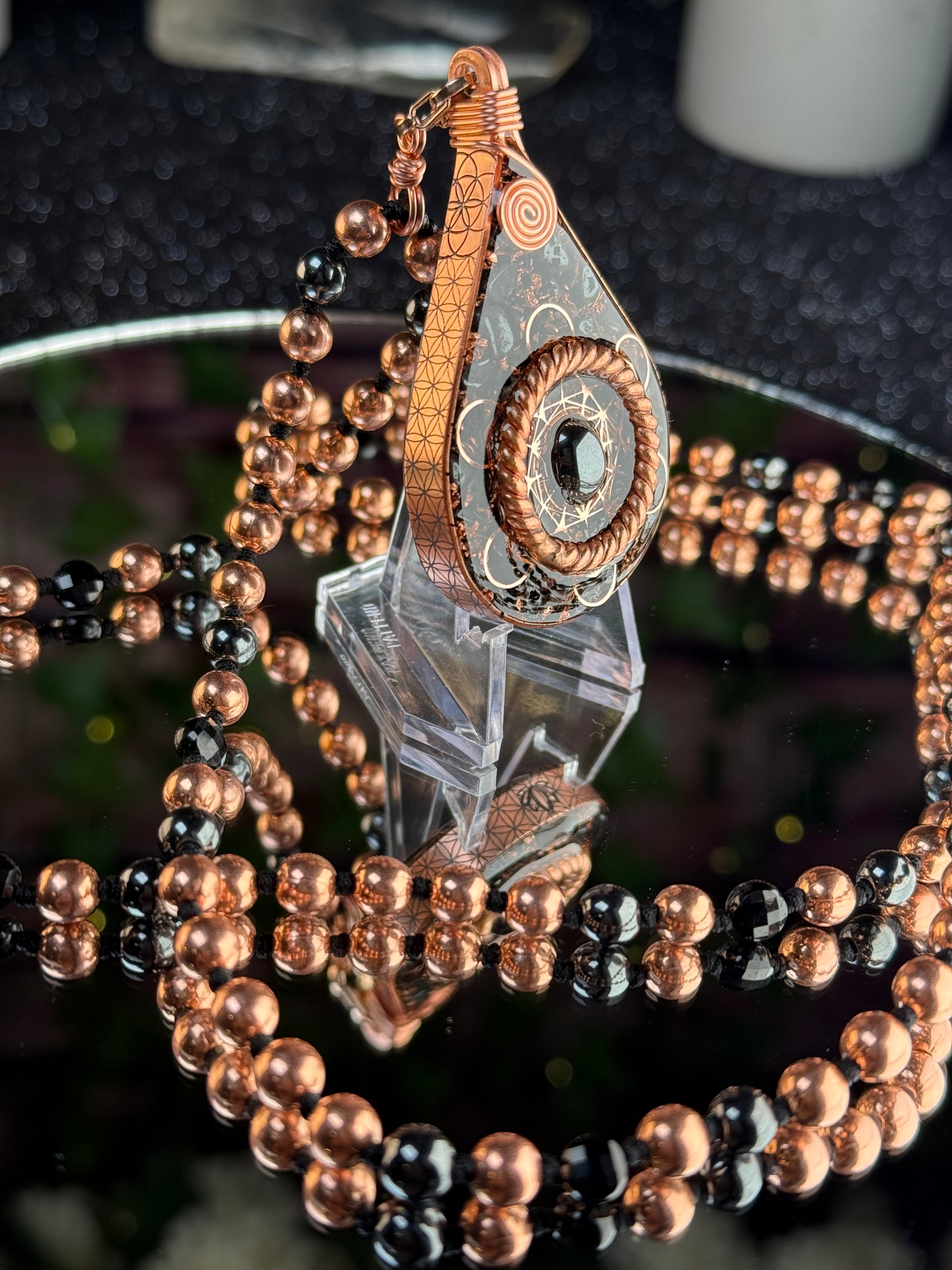 Step into your power~Orgonite Mala with Black Tourmaline, Hematite, Elite Shungite, Diamond Quartz, Copper & Sacred Cubit Tensor Ring-Made to Order