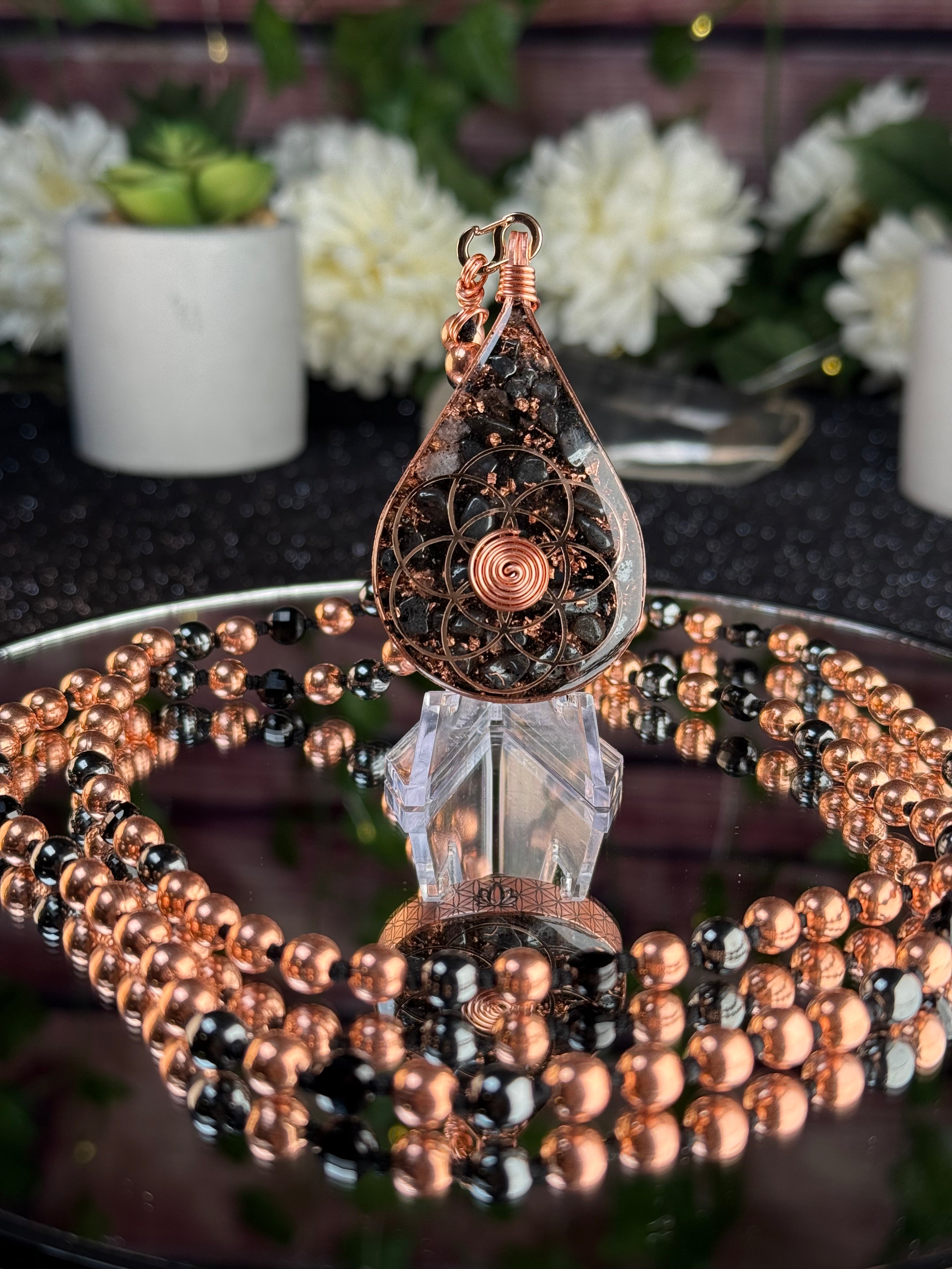 Step into your power~Orgonite Mala with Black Tourmaline, Hematite, Elite Shungite, Diamond Quartz, Copper & Sacred Cubit Tensor Ring-Made to Order
