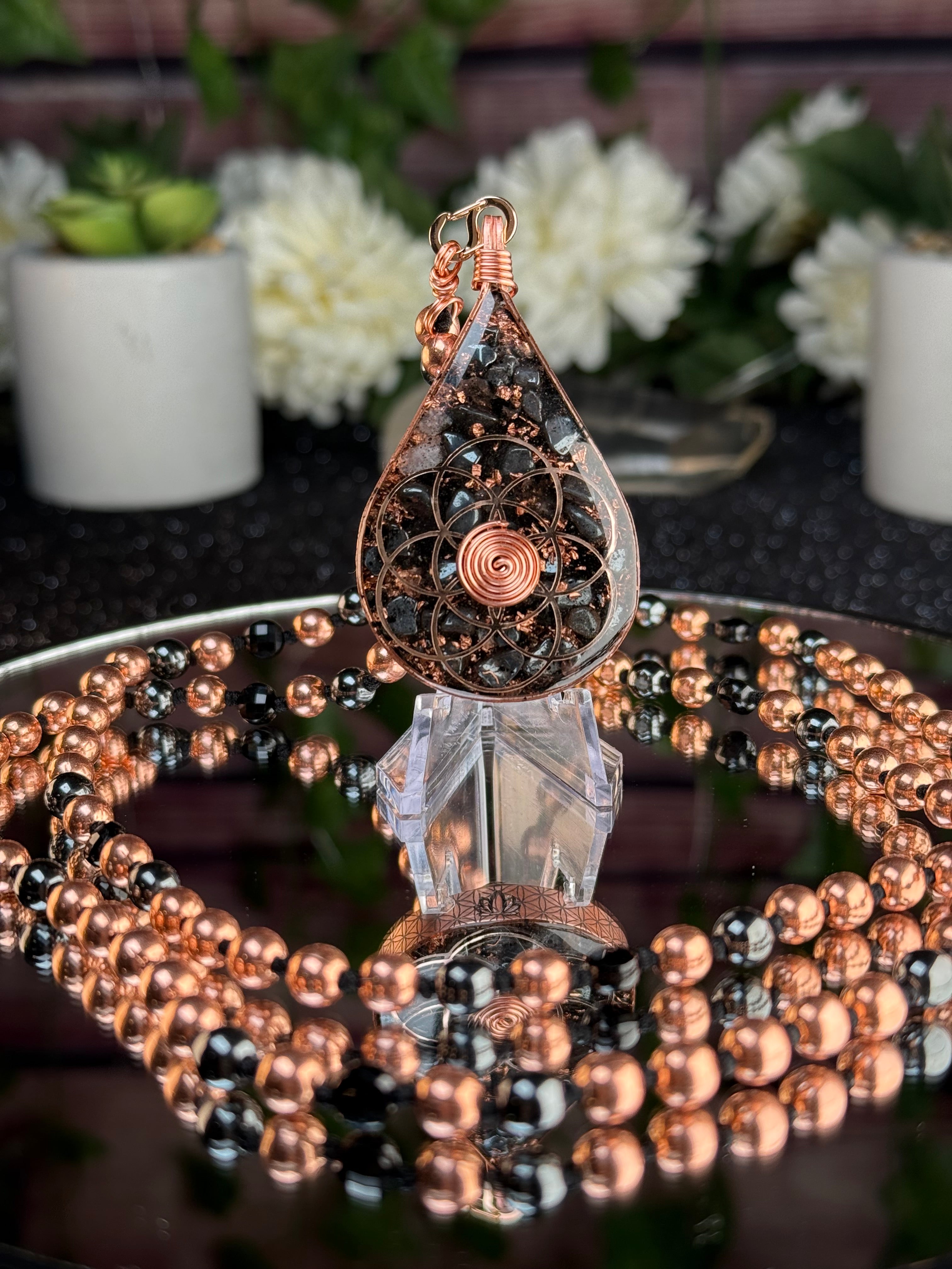 Step into your power~Orgonite Mala with Black Tourmaline, Hematite, Elite Shungite, Diamond Quartz, Copper & Sacred Cubit Tensor Ring-Made to Order