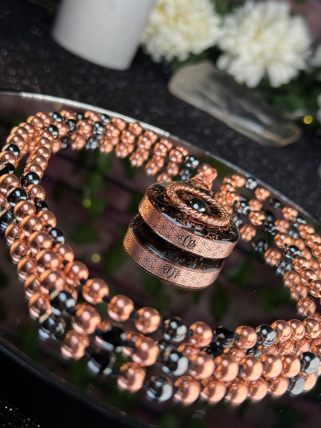 Step into your power~Orgonite Mala with Black Tourmaline, Hematite, Elite Shungite, Diamond Quartz, Copper & Sacred Cubit Tensor Ring-Made to Order