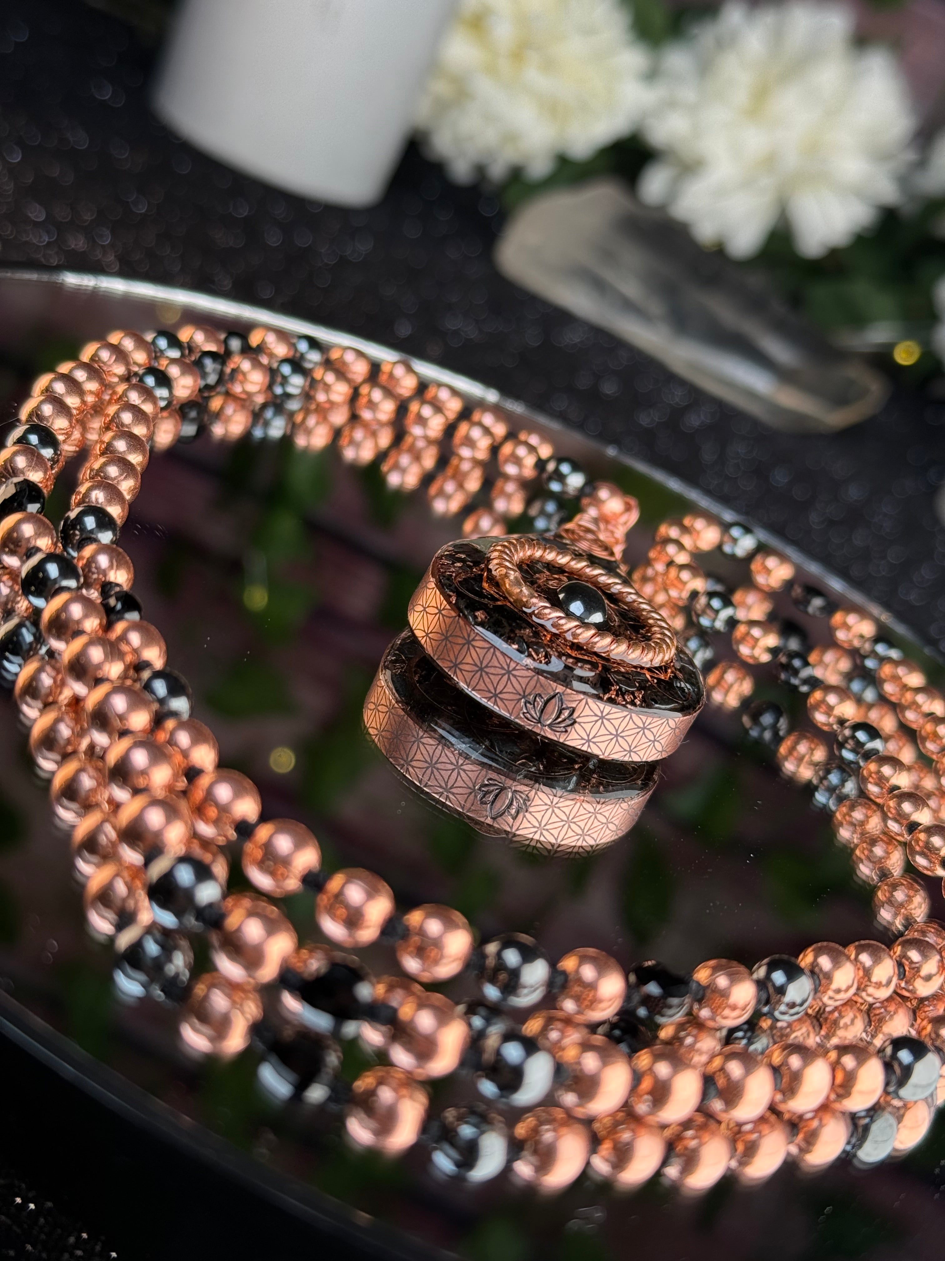 Step into your power~Orgonite Mala with Black Tourmaline, Hematite, Elite Shungite, Diamond Quartz, Copper & Sacred Cubit Tensor Ring-Made to Order
