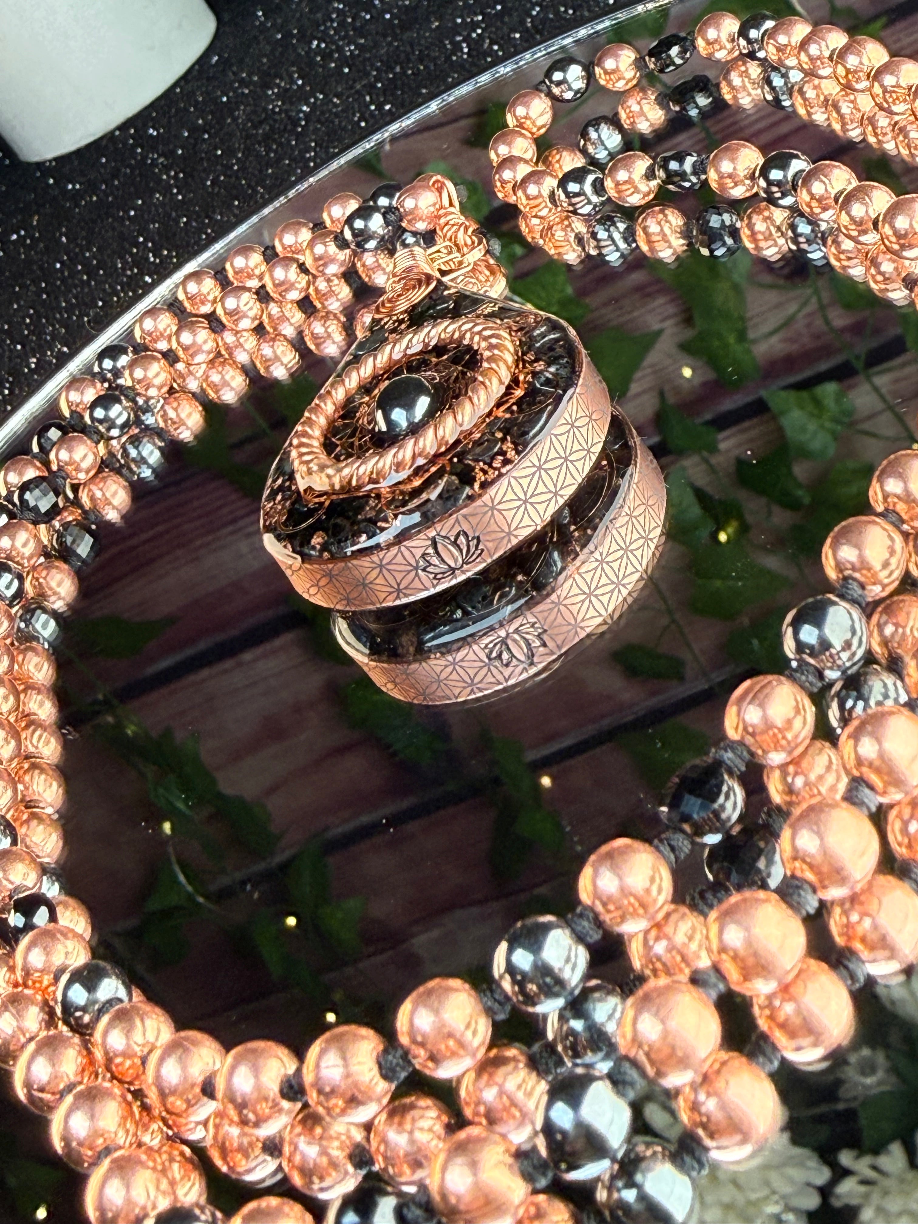 Step into your power~Orgonite Mala with Black Tourmaline, Hematite, Elite Shungite, Diamond Quartz, Copper & Sacred Cubit Tensor Ring-Made to Order