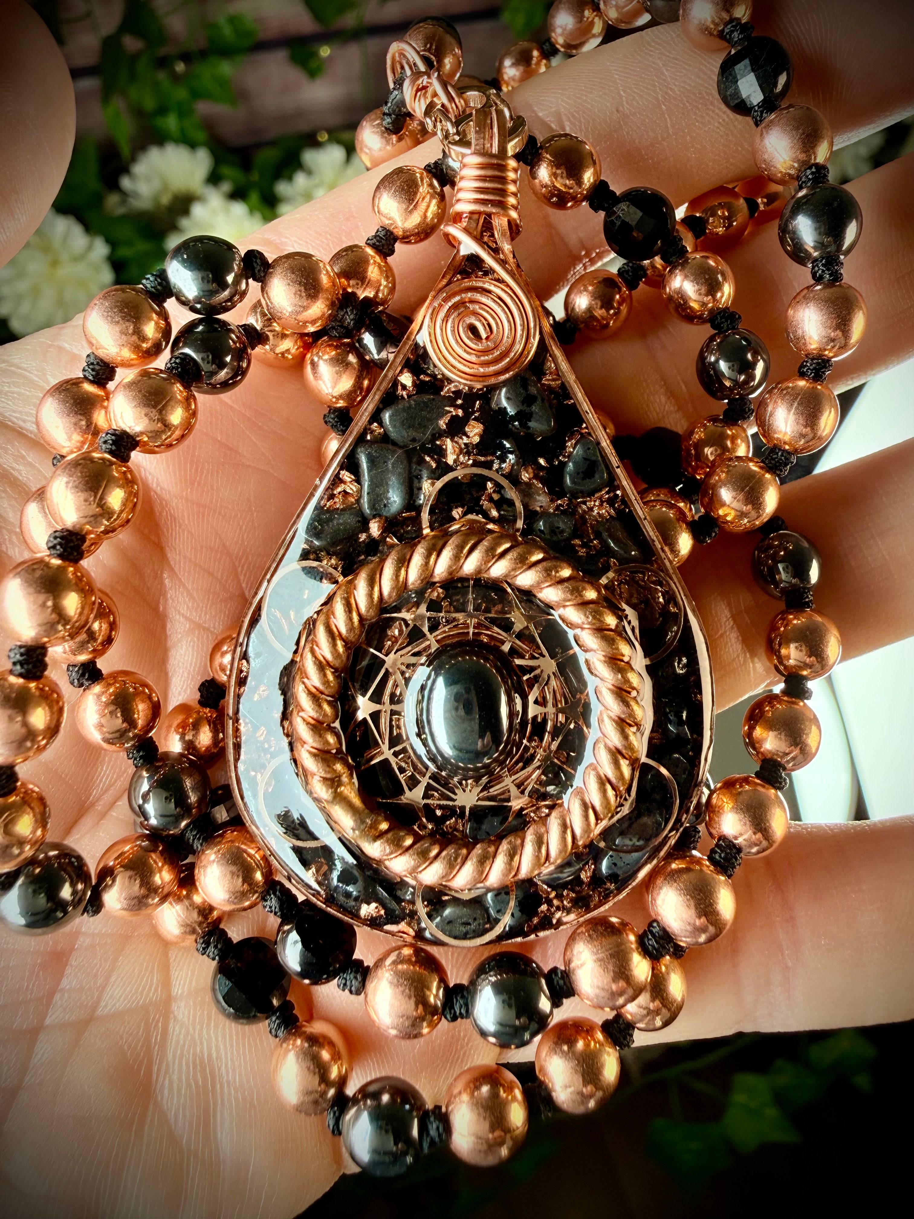 Step into your power~Orgonite Mala with Black Tourmaline, Hematite, Elite Shungite, Diamond Quartz, Copper & Sacred Cubit Tensor Ring-Made to Order