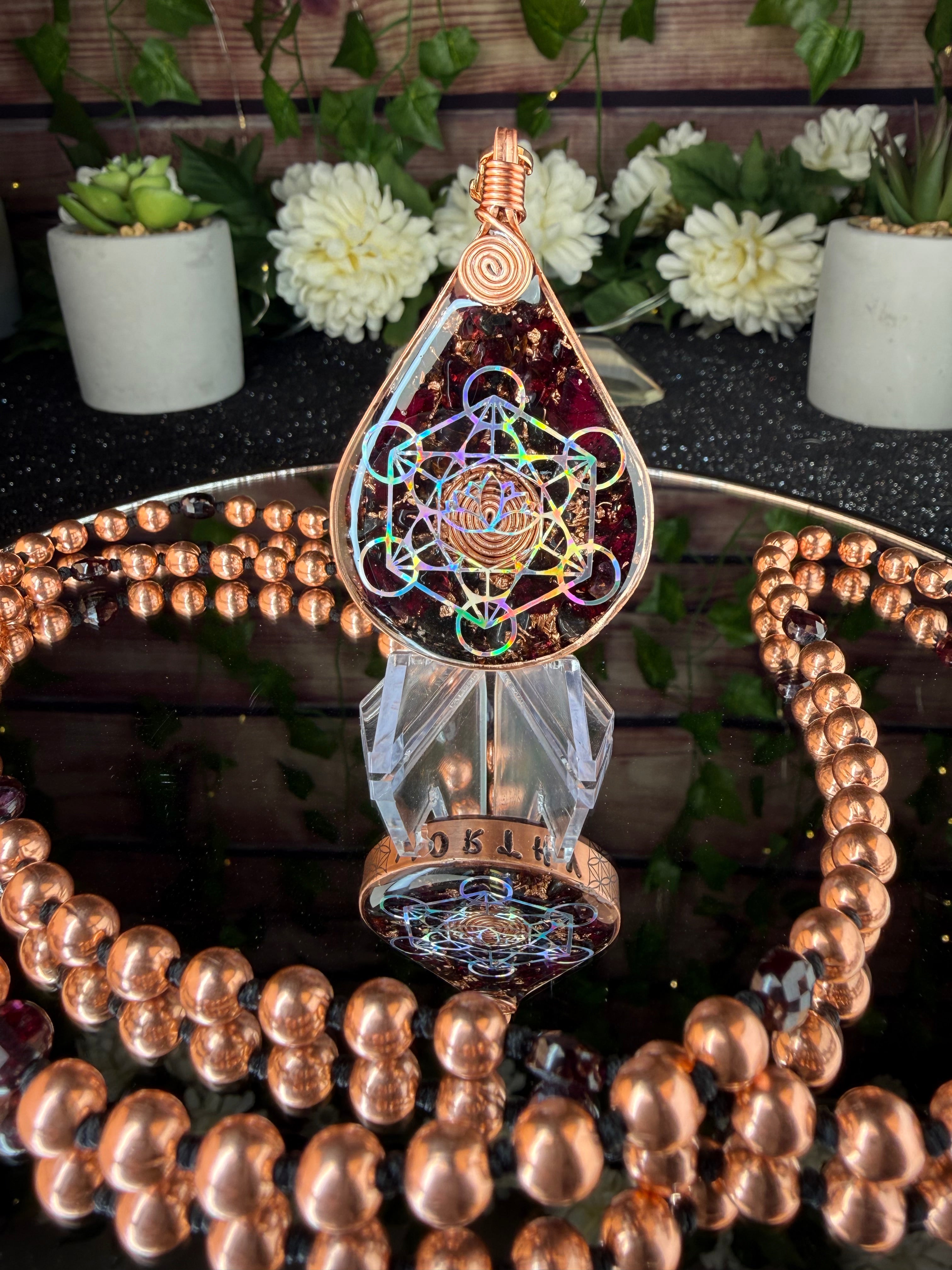 Worthy~Orgonite w/ Rose Petals, Garnet + 108 Hand knotted Copper & Garnet Interchangeable Mala