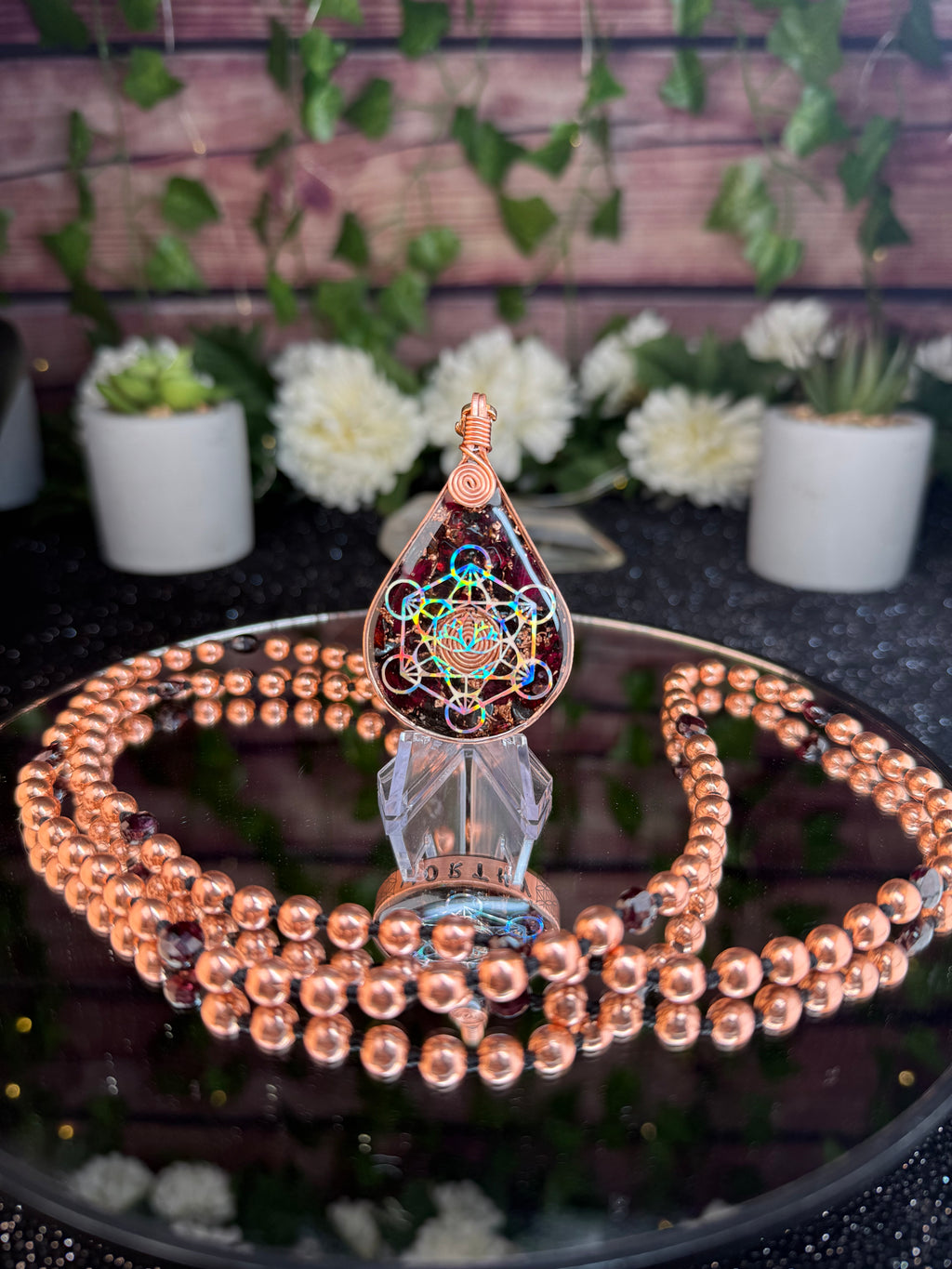 Worthy~Orgonite w/ Rose Petals, Garnet + 108 Hand knotted Copper & Garnet Interchangeable Mala