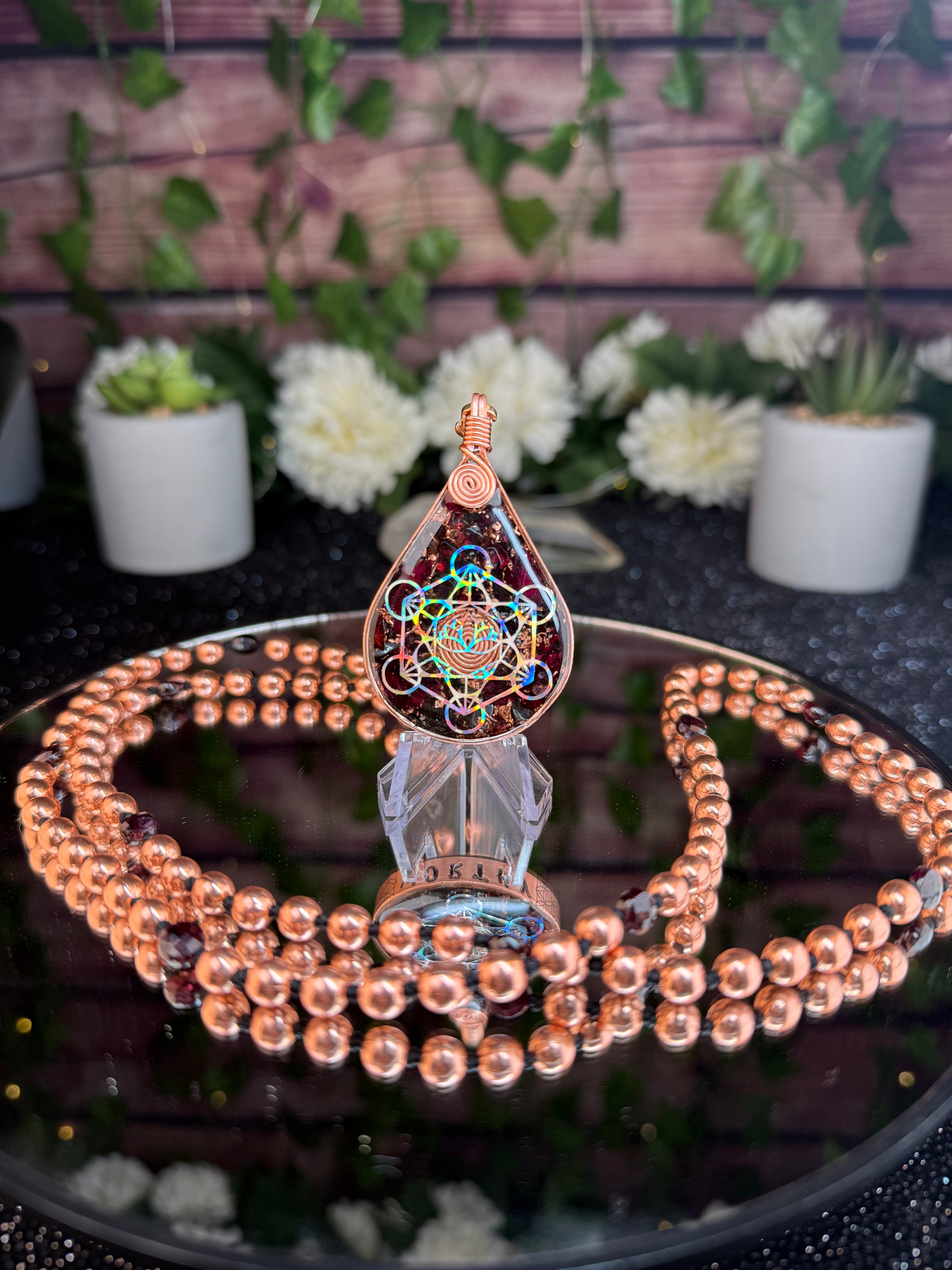 Worthy~Orgonite w/ Rose Petals, Garnet + 108 Hand knotted Copper & Garnet Interchangeable Mala