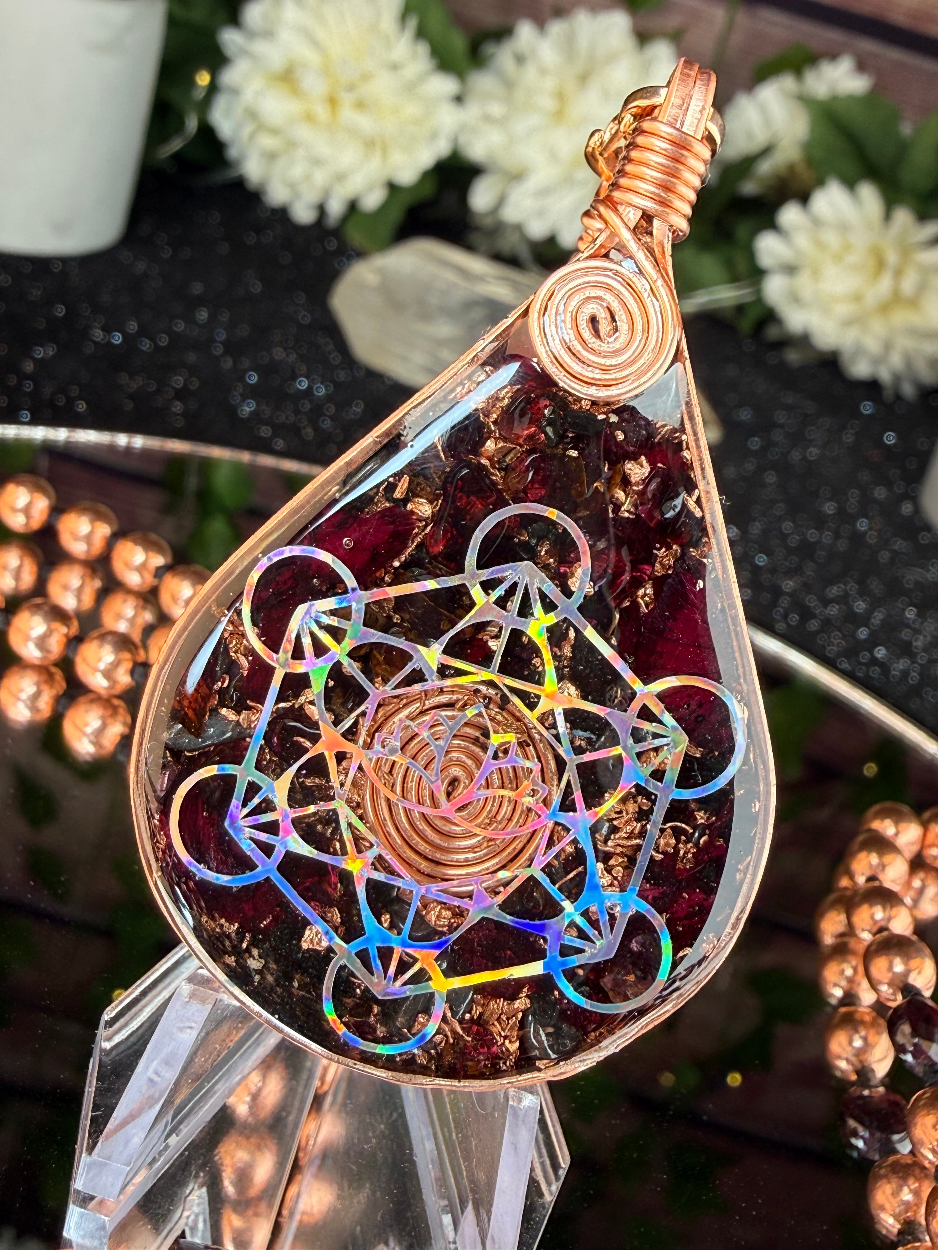 Worthy~Orgonite w/ Rose Petals, Garnet + 108 Hand knotted Copper & Garnet Interchangeable Mala