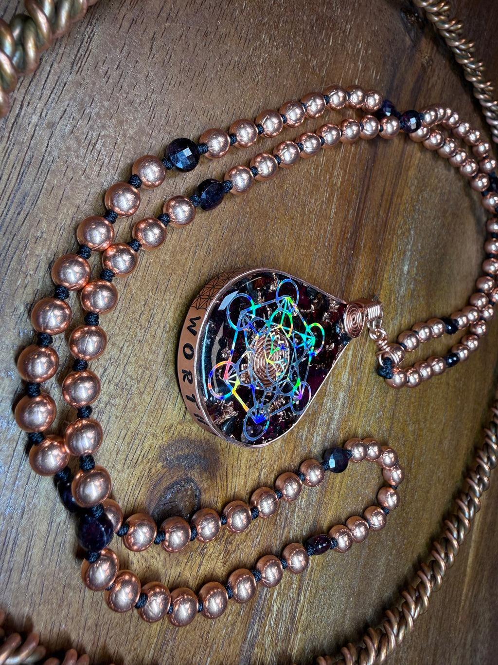 Worthy~Orgonite w/ Rose Petals, Garnet + 108 Hand knotted Copper & Garnet Interchangeable Mala