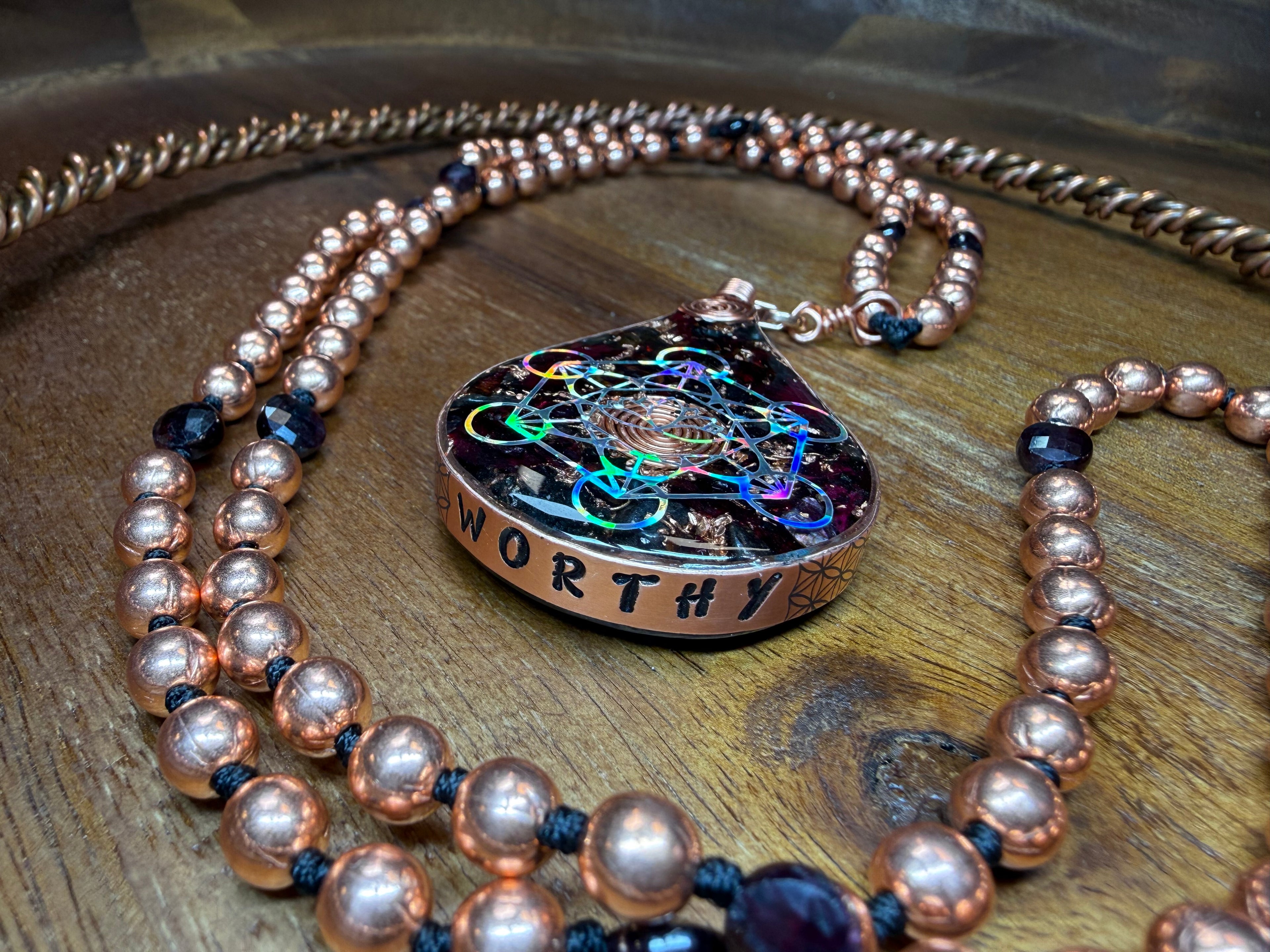 Worthy~Orgonite w/ Rose Petals, Garnet + 108 Hand knotted Copper & Garnet Interchangeable Mala