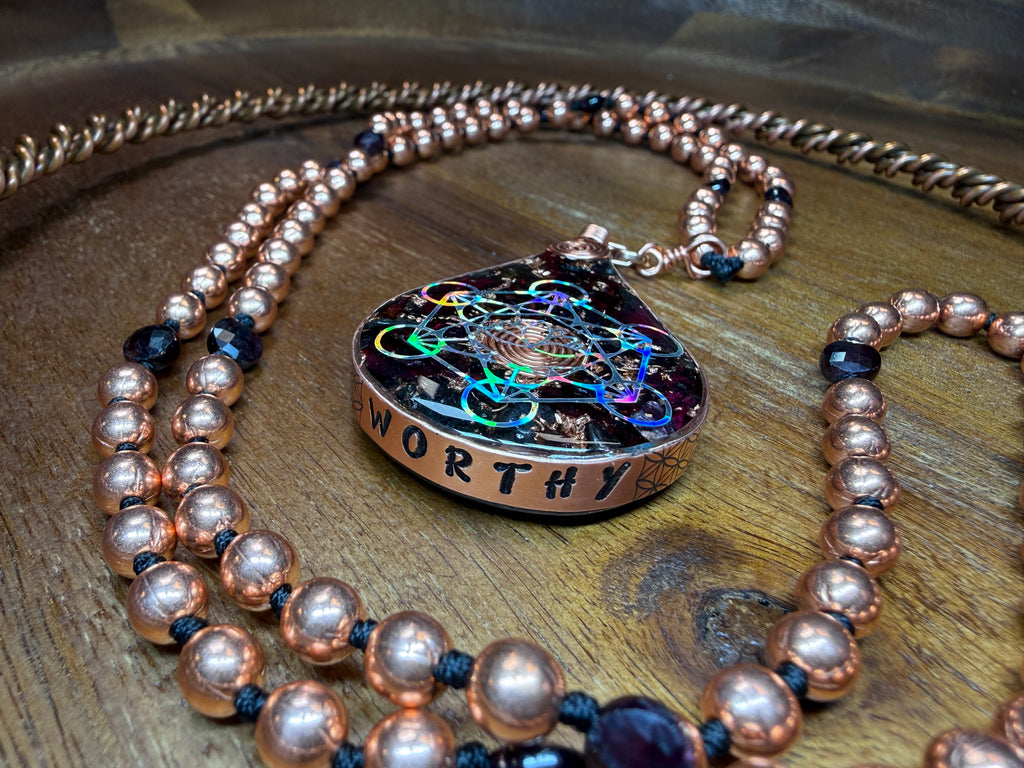 Worthy~Orgonite w/ Rose Petals, Garnet + 108 Hand knotted Copper & Garnet Interchangeable Mala