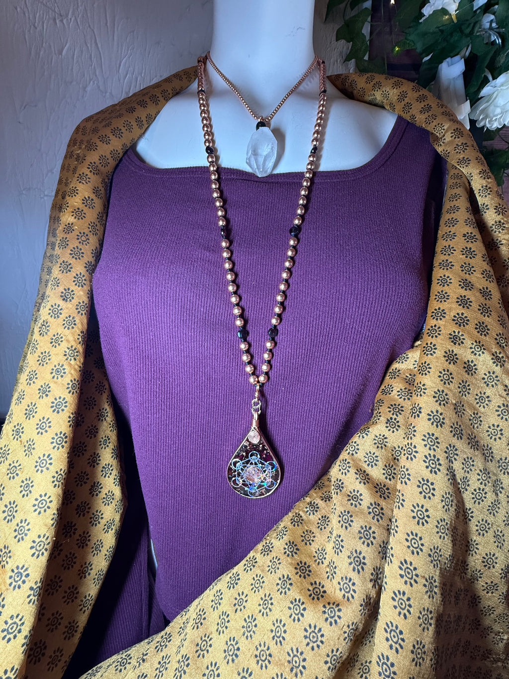Worthy~Orgonite w/ Rose Petals, Garnet + 108 Hand knotted Copper & Garnet Interchangeable Mala