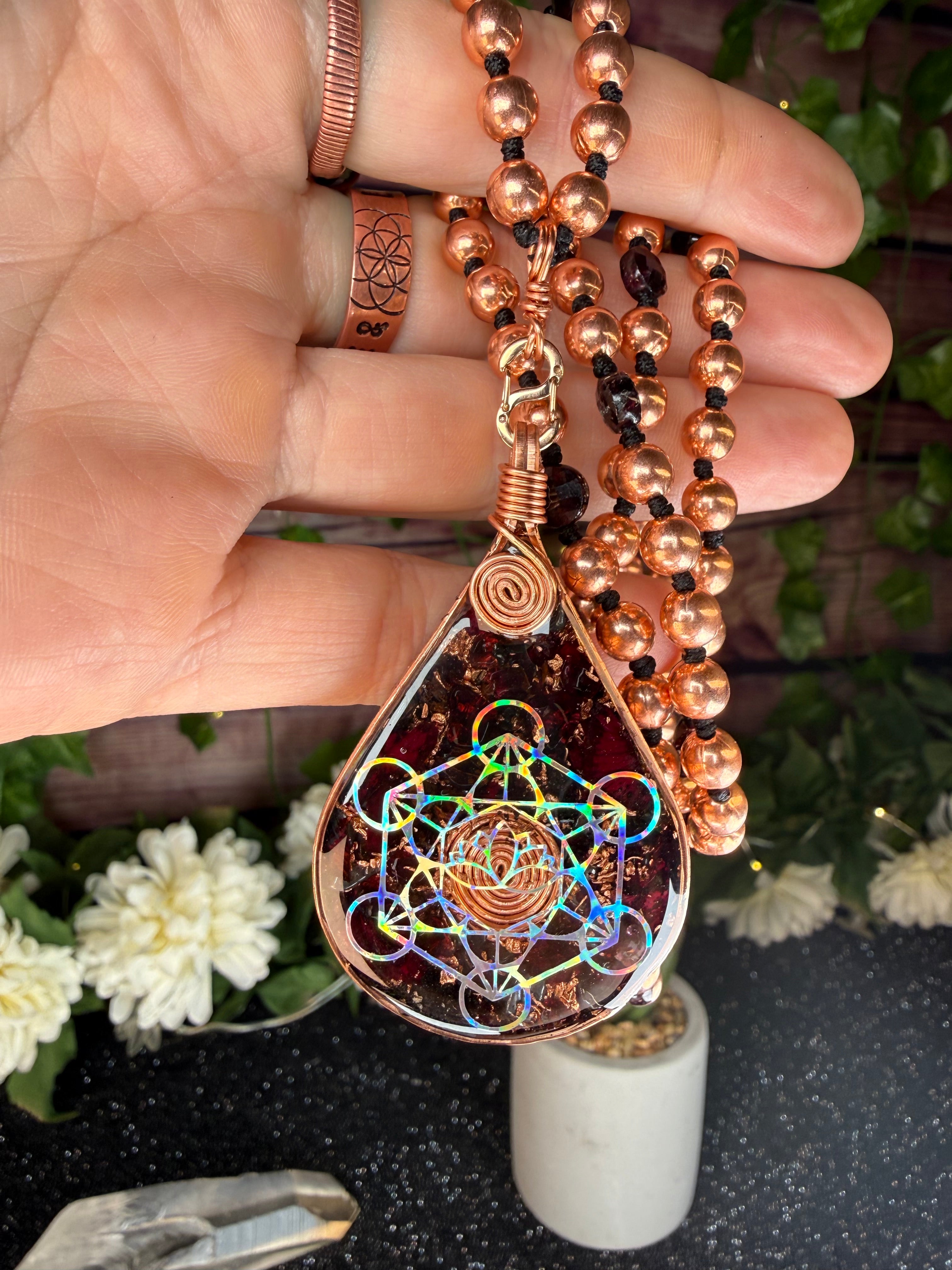 Worthy~Orgonite w/ Rose Petals, Garnet + 108 Hand knotted Copper & Garnet Interchangeable Mala