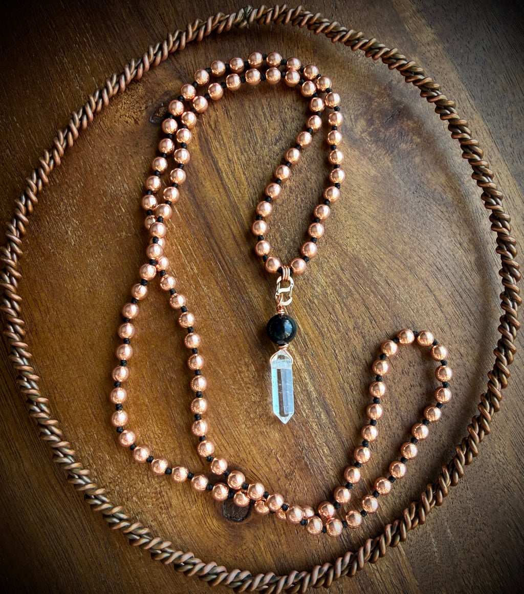 Copper Interchangeable Mala Necklace with Shungite & Quartz Point