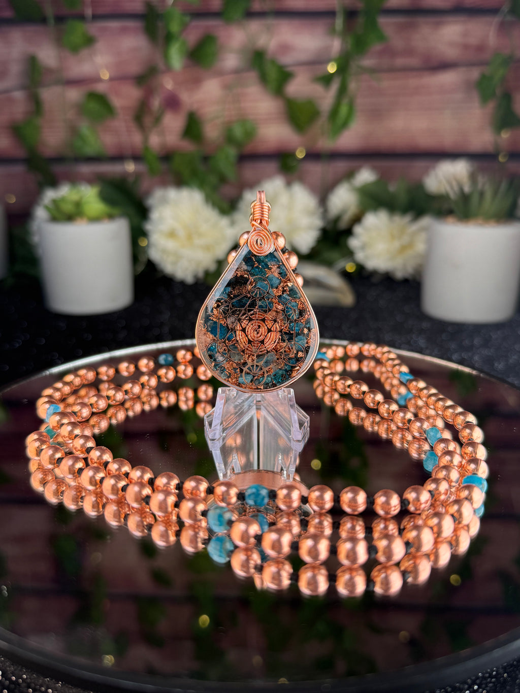 Clairty & Alignment-Blue Apatite Copper Orgonite Mala Necklace