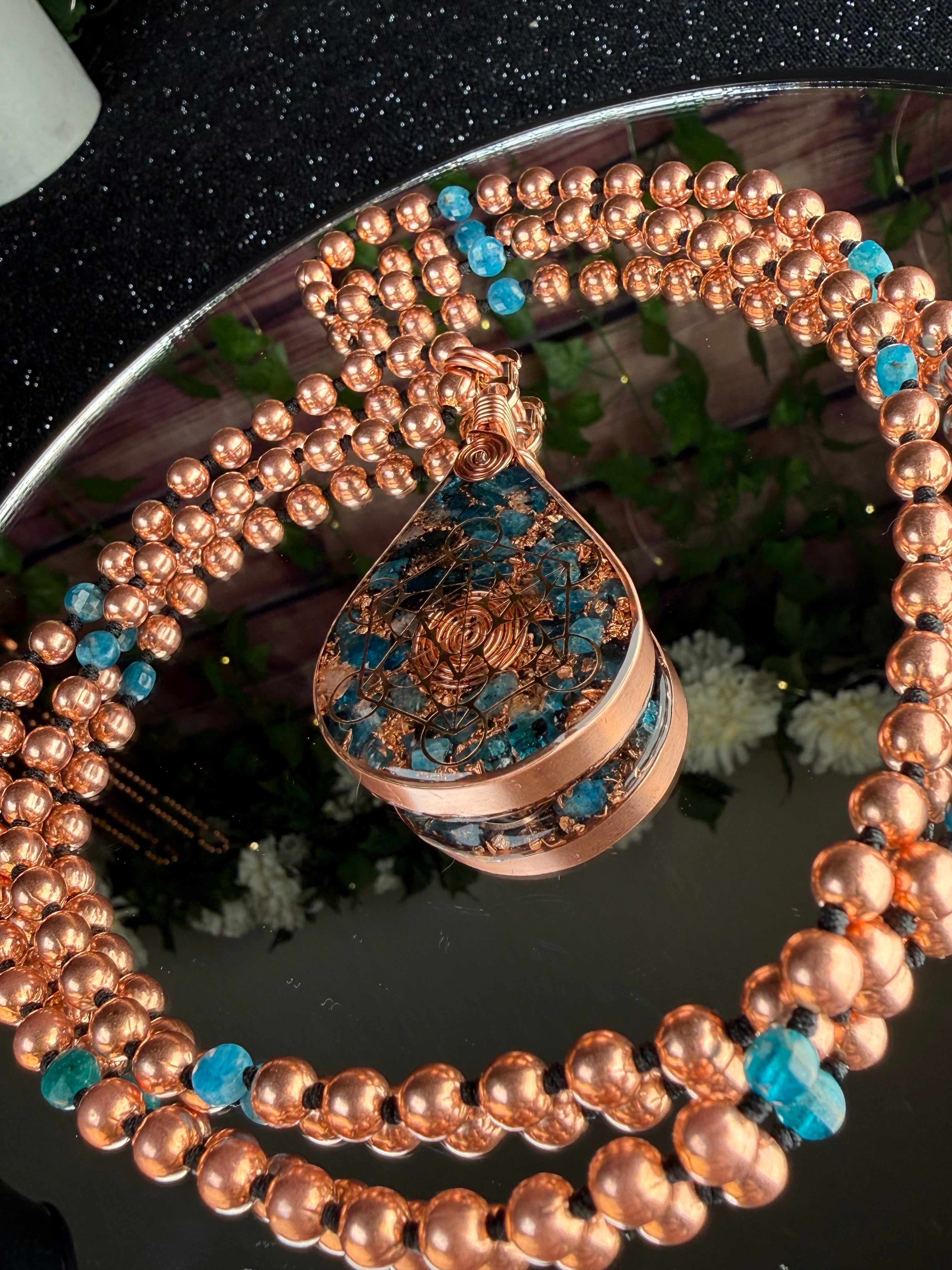Clairty & Alignment-Blue Apatite Copper Orgonite Mala Necklace