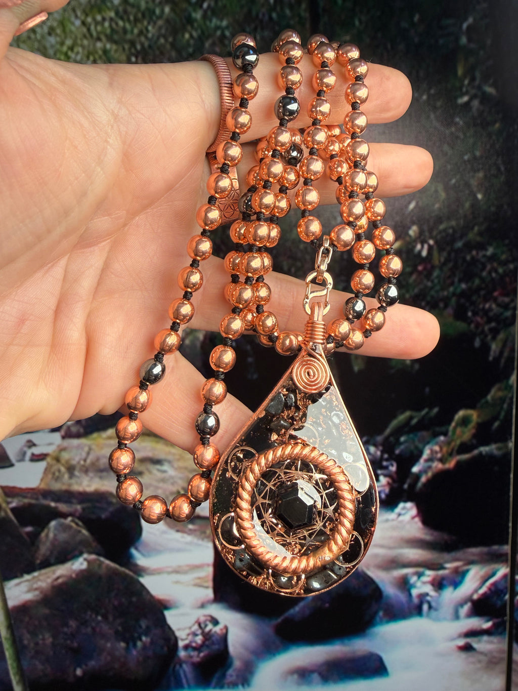 Anchored In Peace-Protection & Grounding Orgonite Mala with Black Tourmaline, Hematite, Obsidian, Tensor Rings, & More
