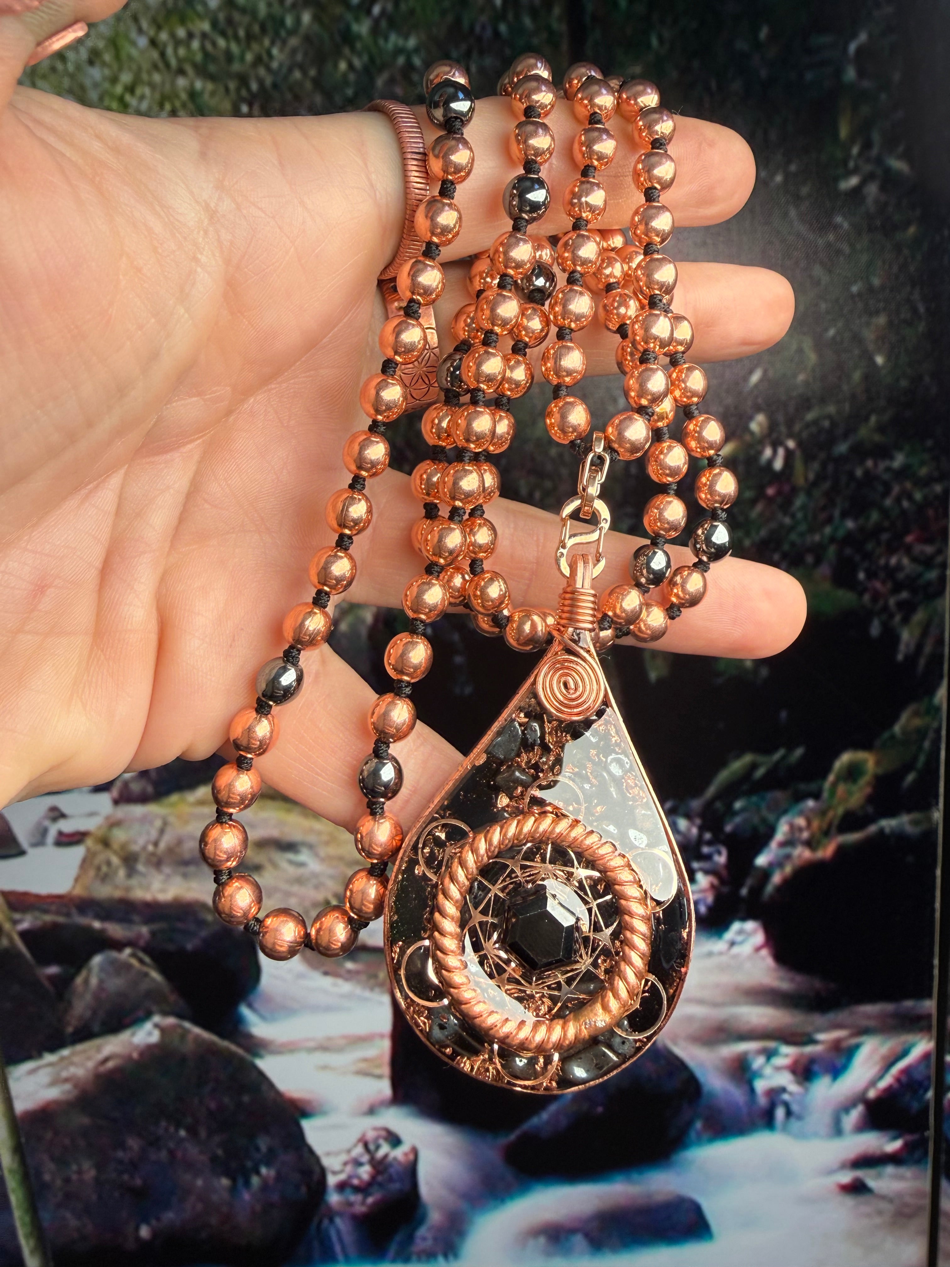 Anchored In Peace-Protection & Grounding Orgonite Mala with Black Tourmaline, Hematite, Obsidian, Tensor Rings, & More