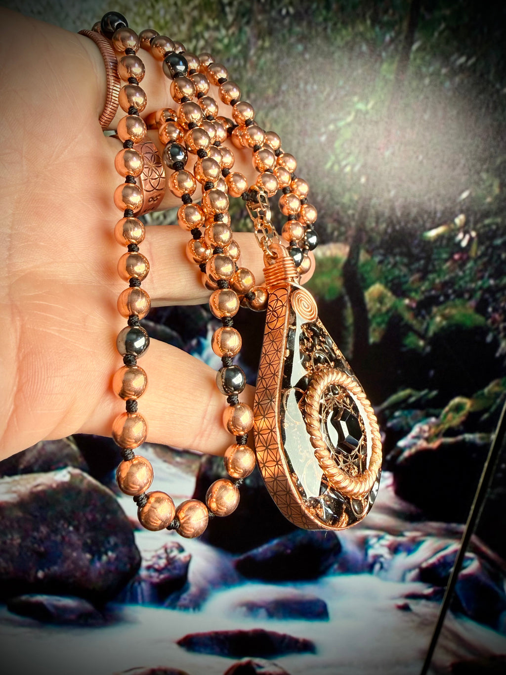 Anchored In Peace-Protection & Grounding Orgonite Mala with Black Tourmaline, Hematite, Obsidian, Tensor Rings, & More