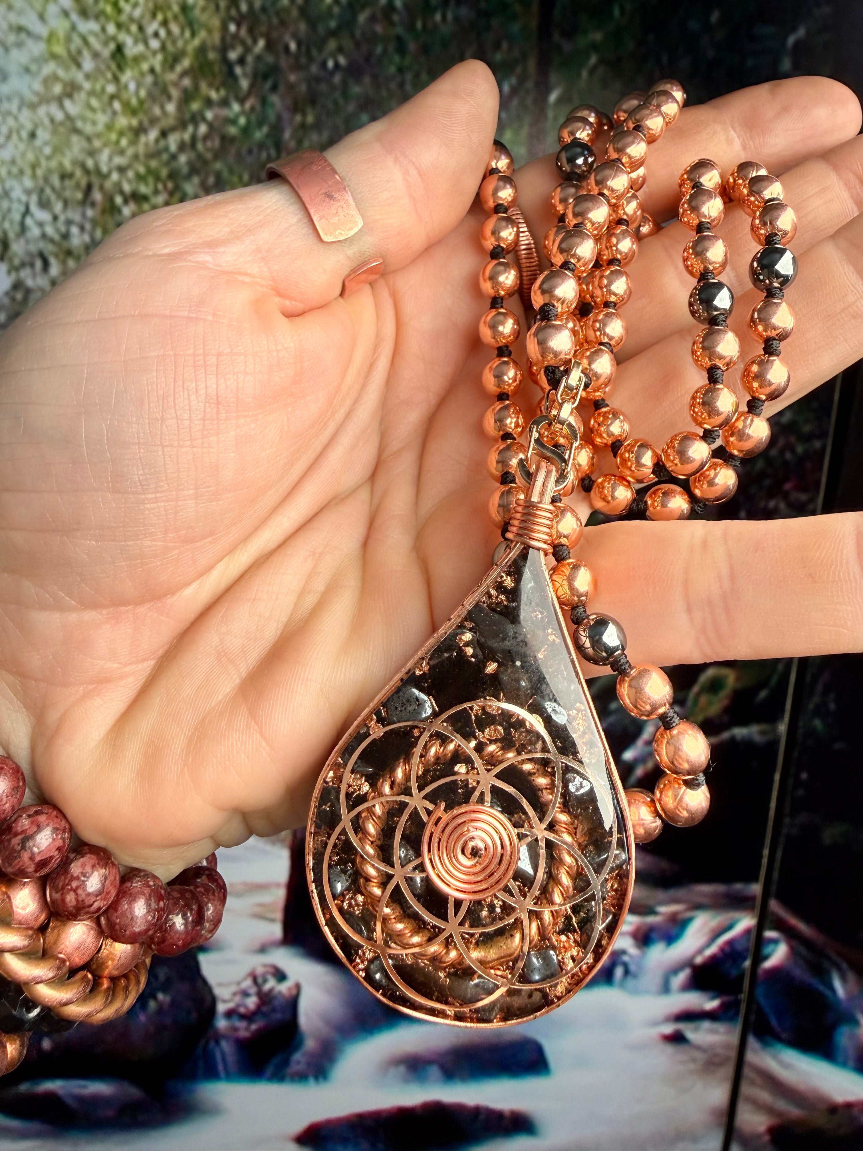 Anchored In Peace-Protection & Grounding Orgonite Mala with Black Tourmaline, Hematite, Obsidian, Tensor Rings, & More