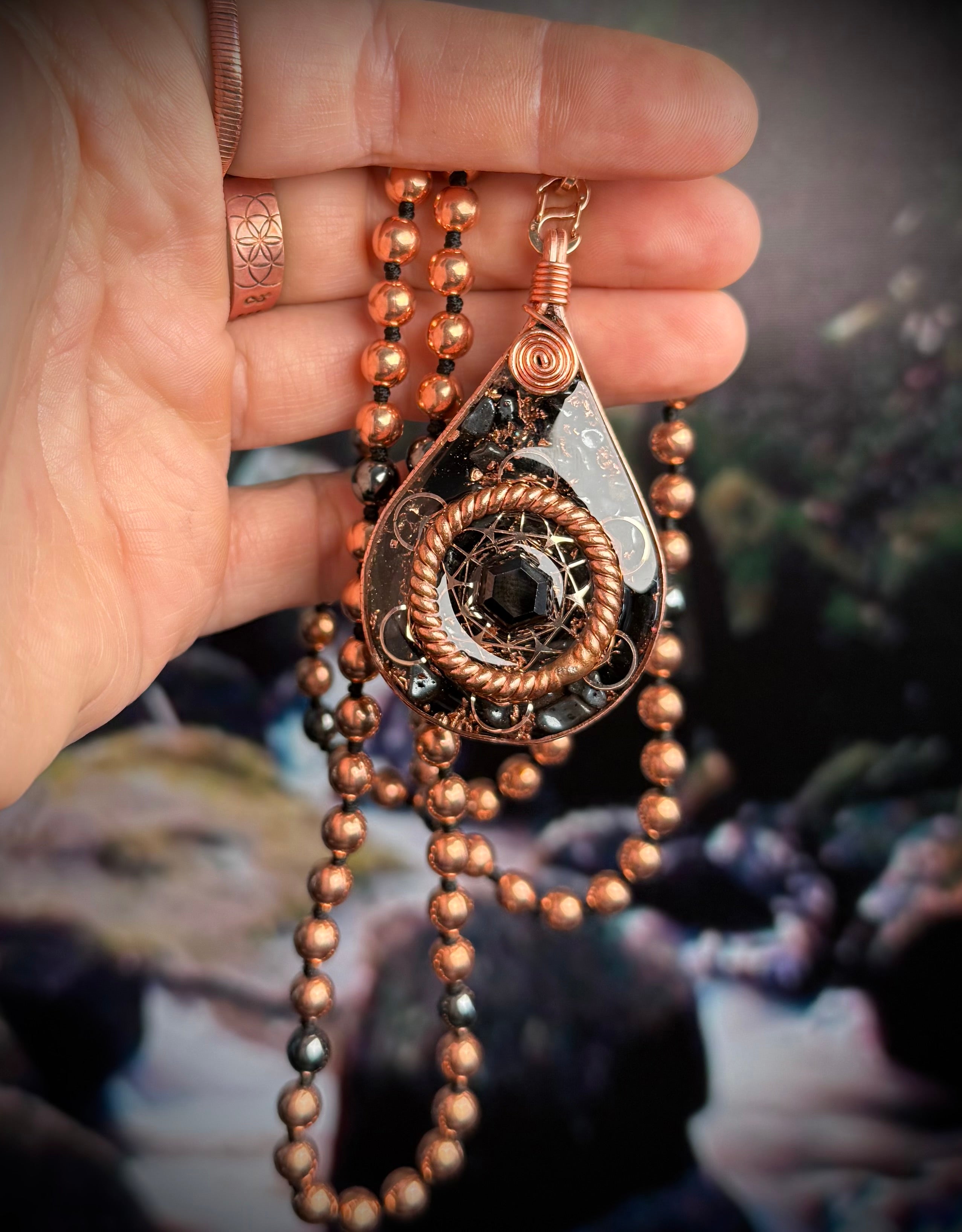 Anchored In Peace-Protection & Grounding Orgonite Mala with Black Tourmaline, Hematite, Obsidian, Tensor Rings, & More