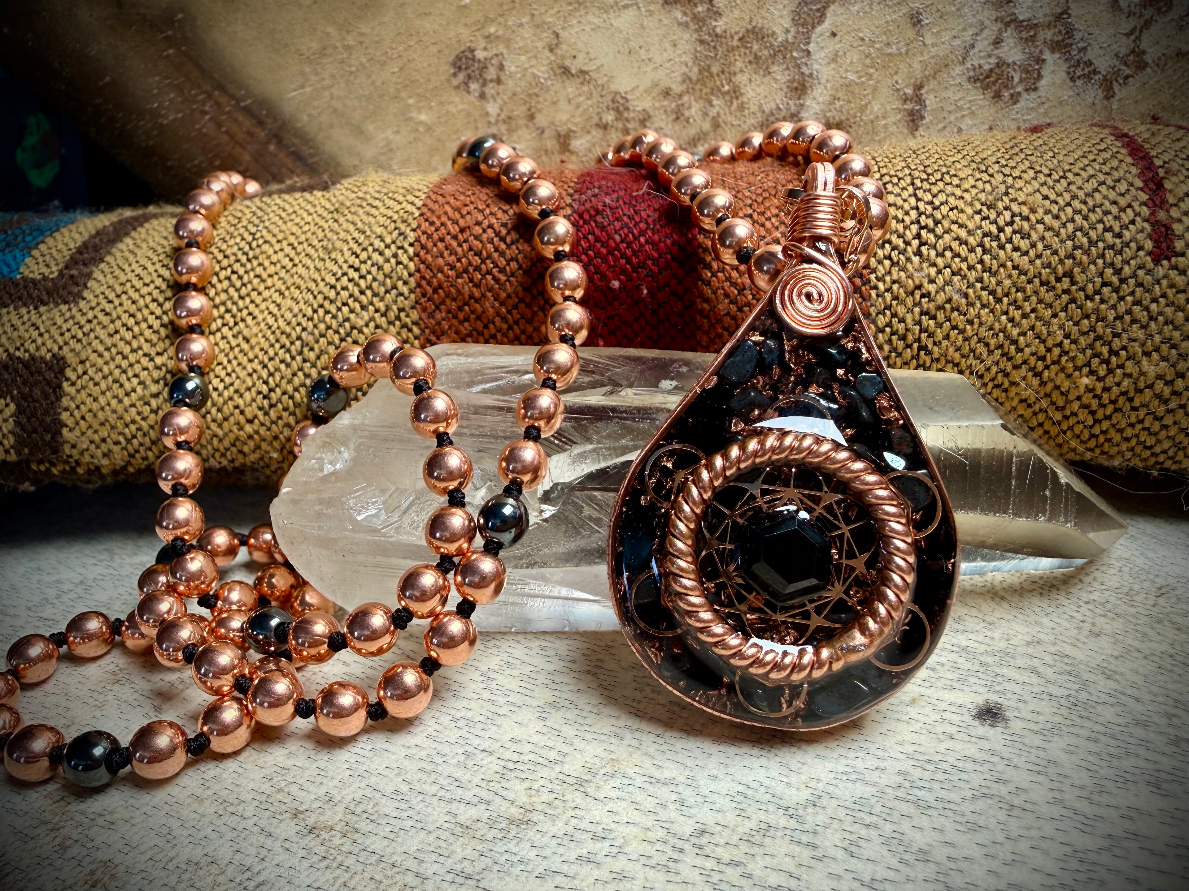 Anchored In Peace-Protection & Grounding Orgonite Mala with Black Tourmaline, Hematite, Obsidian, Tensor Rings, & More