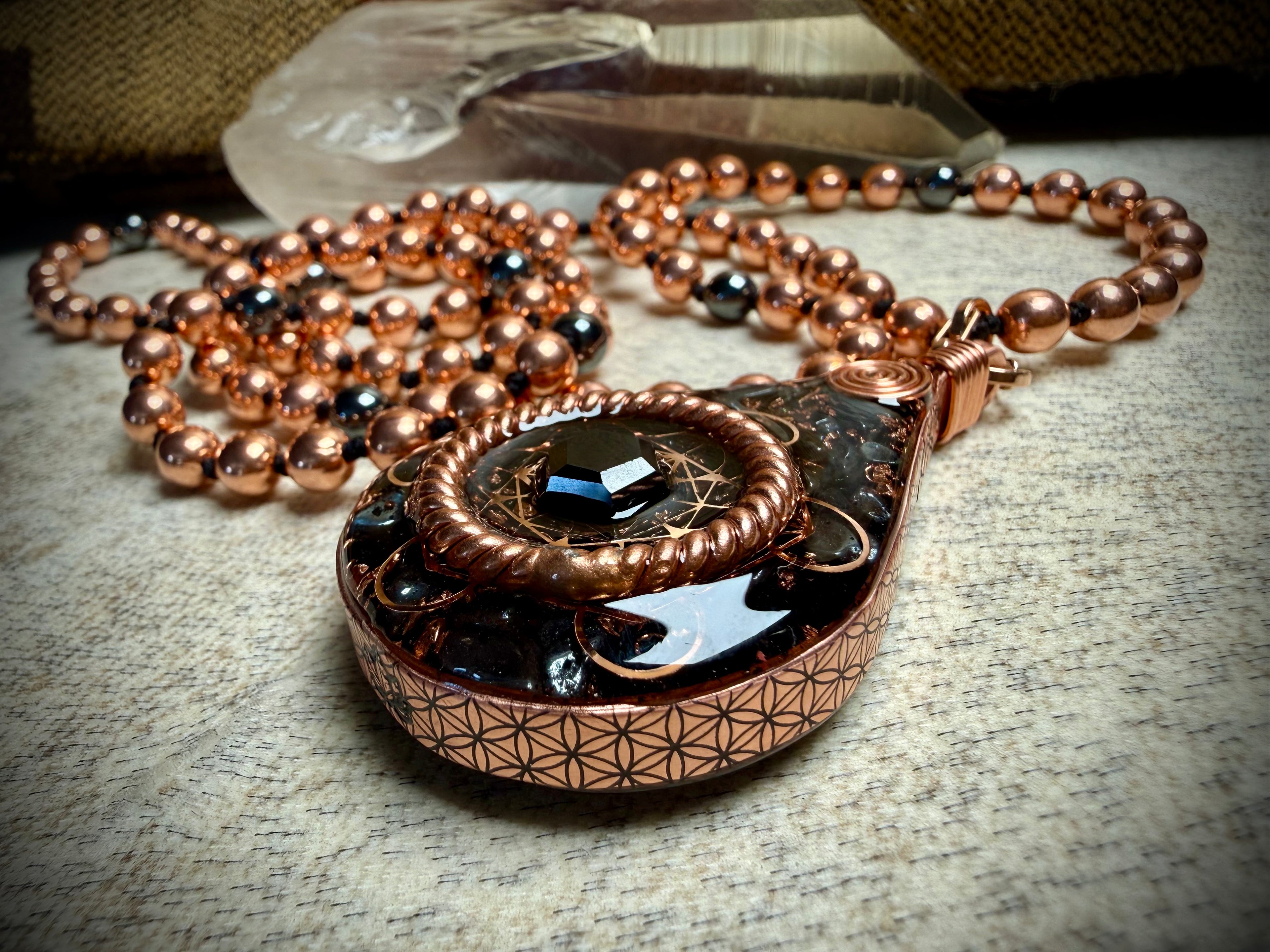 Anchored In Peace-Protection & Grounding Orgonite Mala with Black Tourmaline, Hematite, Obsidian, Tensor Rings, & More