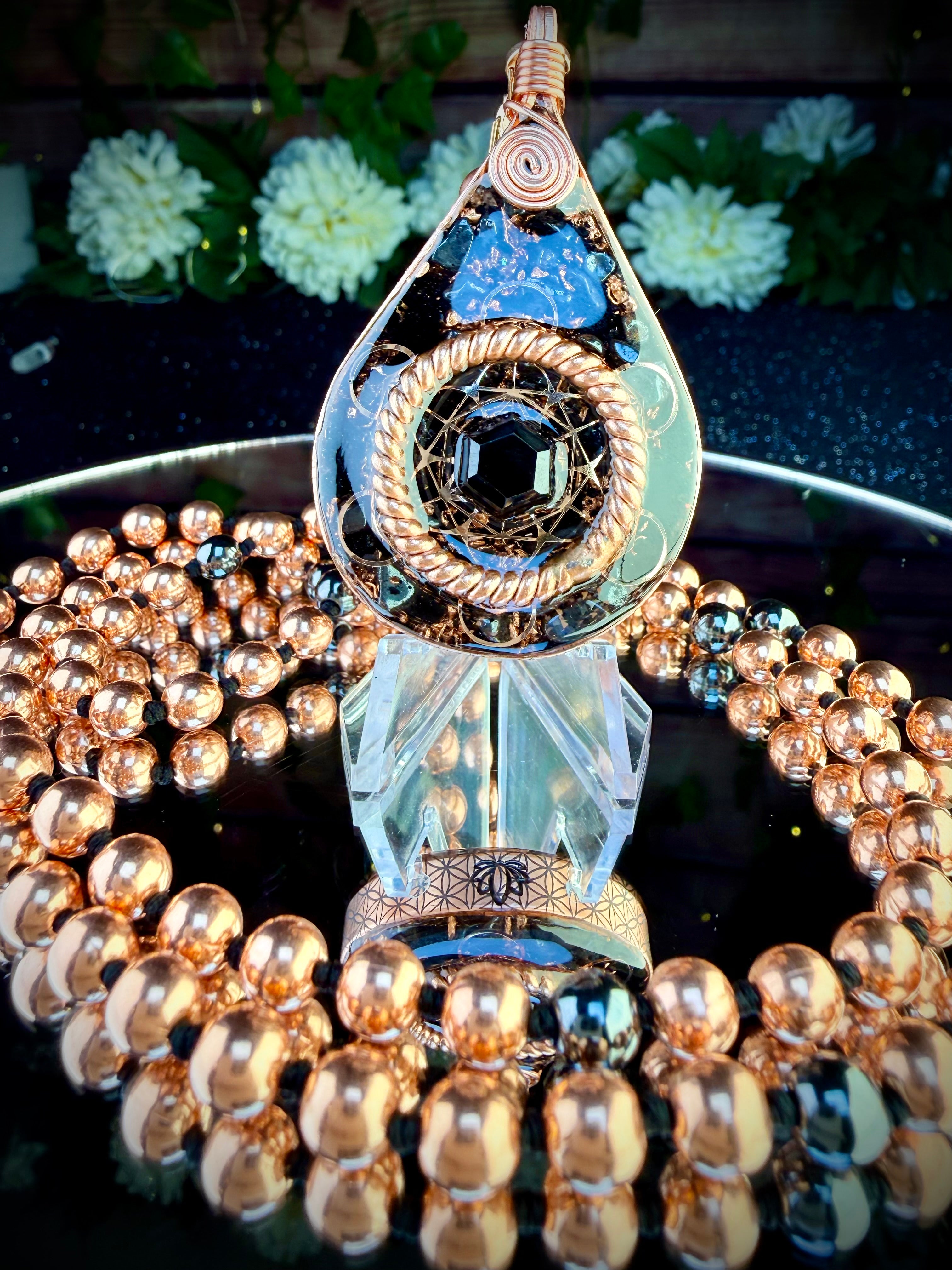 Anchored In Peace-Protection & Grounding Orgonite Mala with Black Tourmaline, Hematite, Obsidian, Tensor Rings, & More