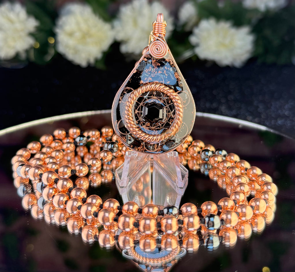 Anchored In Peace-Protection & Grounding Orgonite Mala with Black Tourmaline, Hematite, Obsidian, Tensor Rings, & More