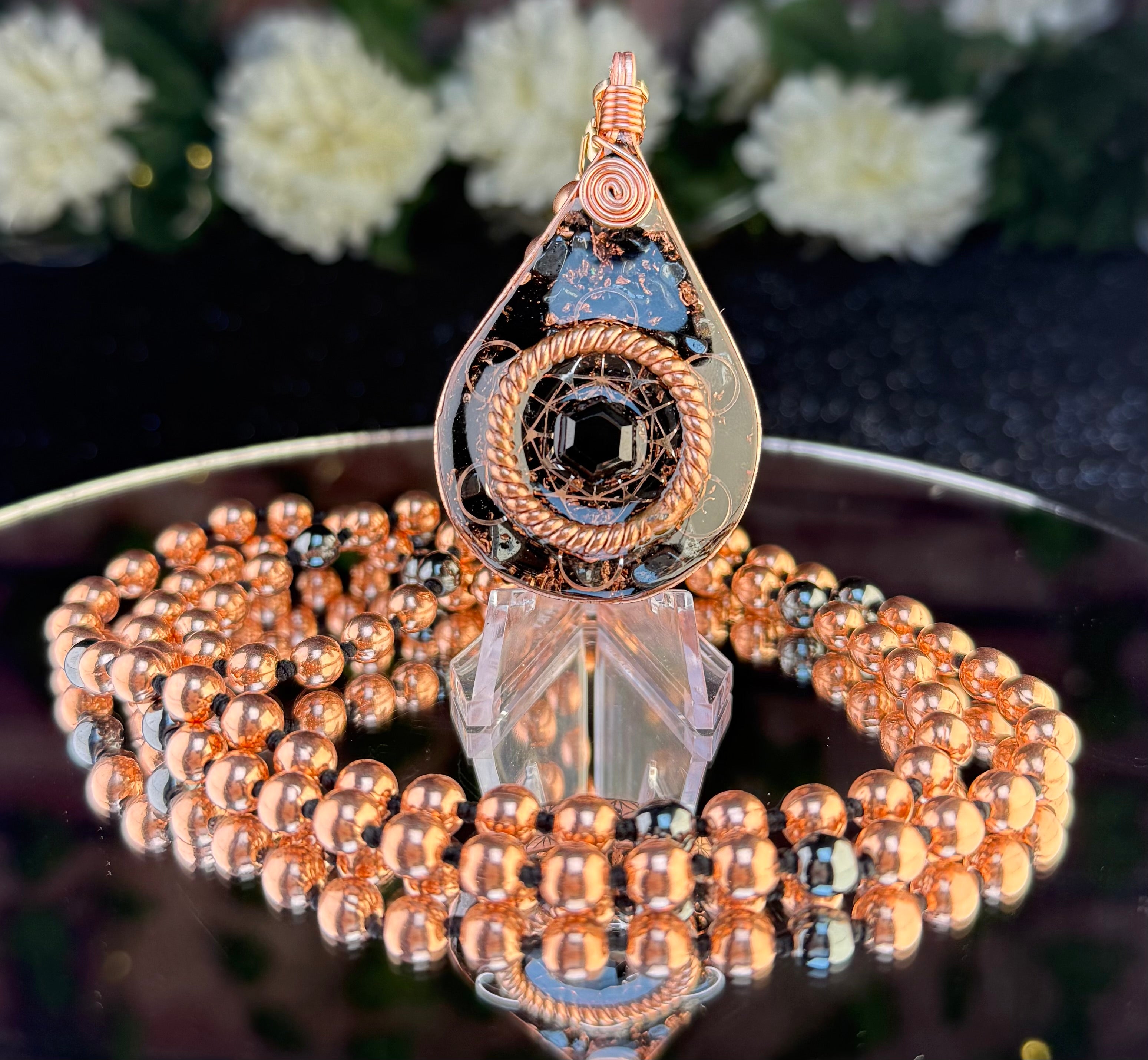 Anchored In Peace-Protection & Grounding Orgonite Mala with Black Tourmaline, Hematite, Obsidian, Tensor Rings, & More