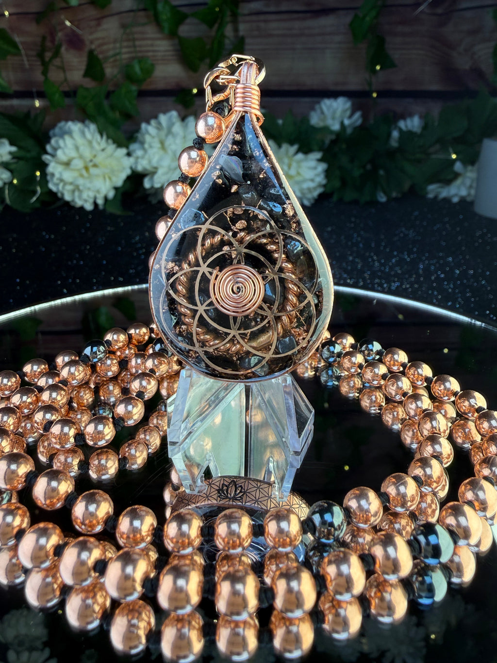 Anchored In Peace-Protection & Grounding Orgonite Mala with Black Tourmaline, Hematite, Obsidian, Tensor Rings, & More