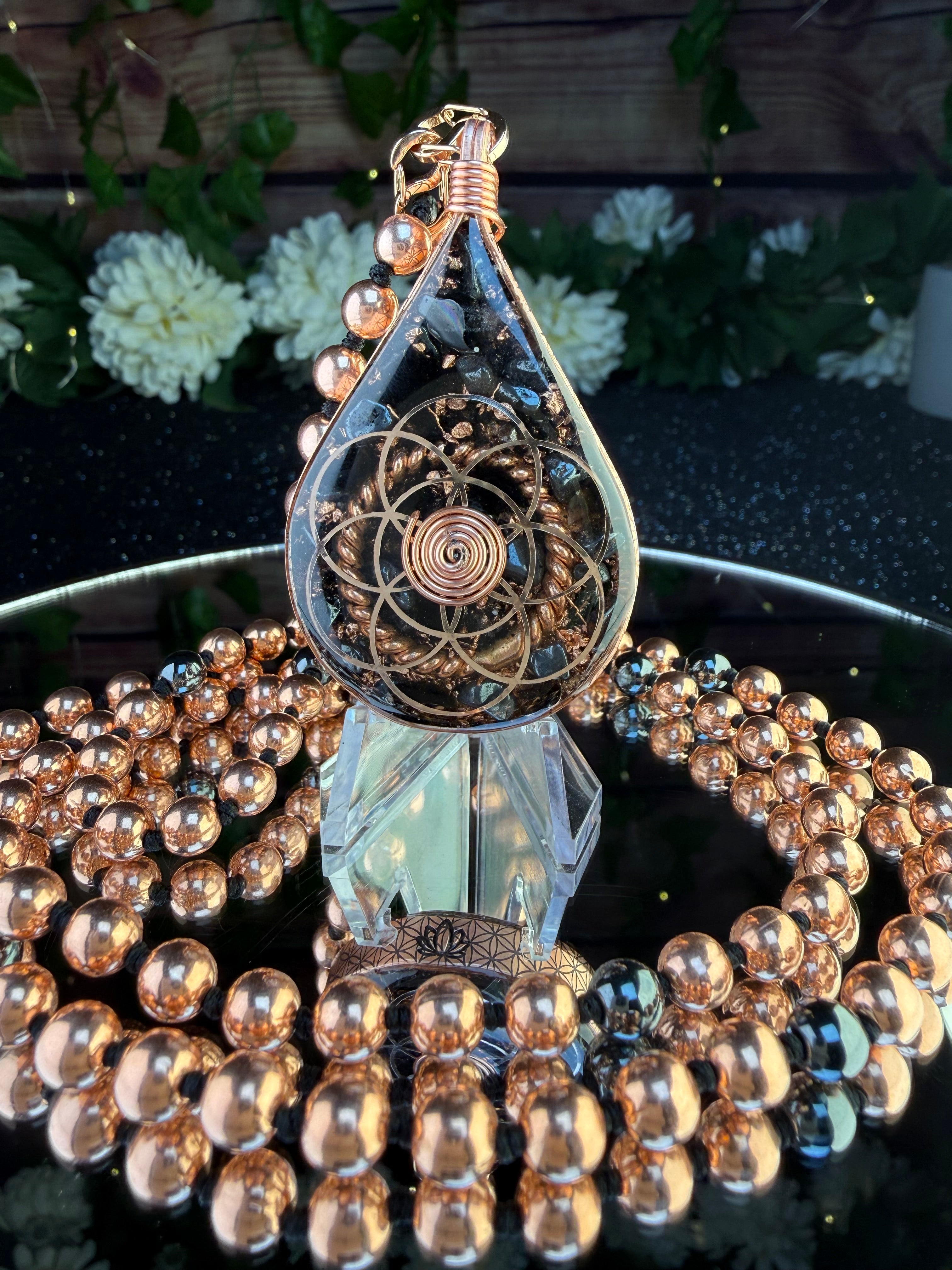 Anchored In Peace-Protection & Grounding Orgonite Mala with Black Tourmaline, Hematite, Obsidian, Tensor Rings, & More