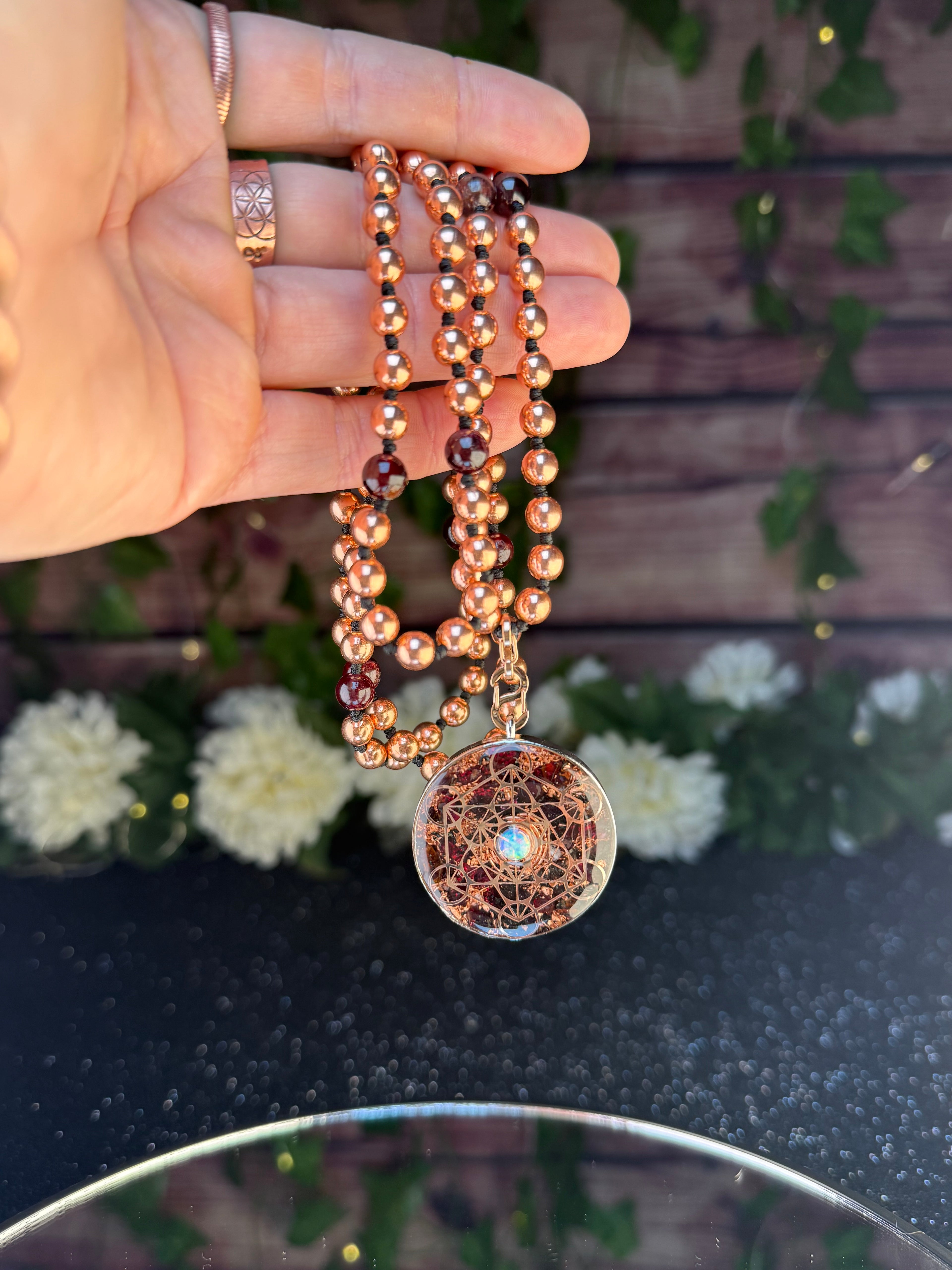 Garnet & Opal Orgonite Mala~For Passion, Strength, & Creativity