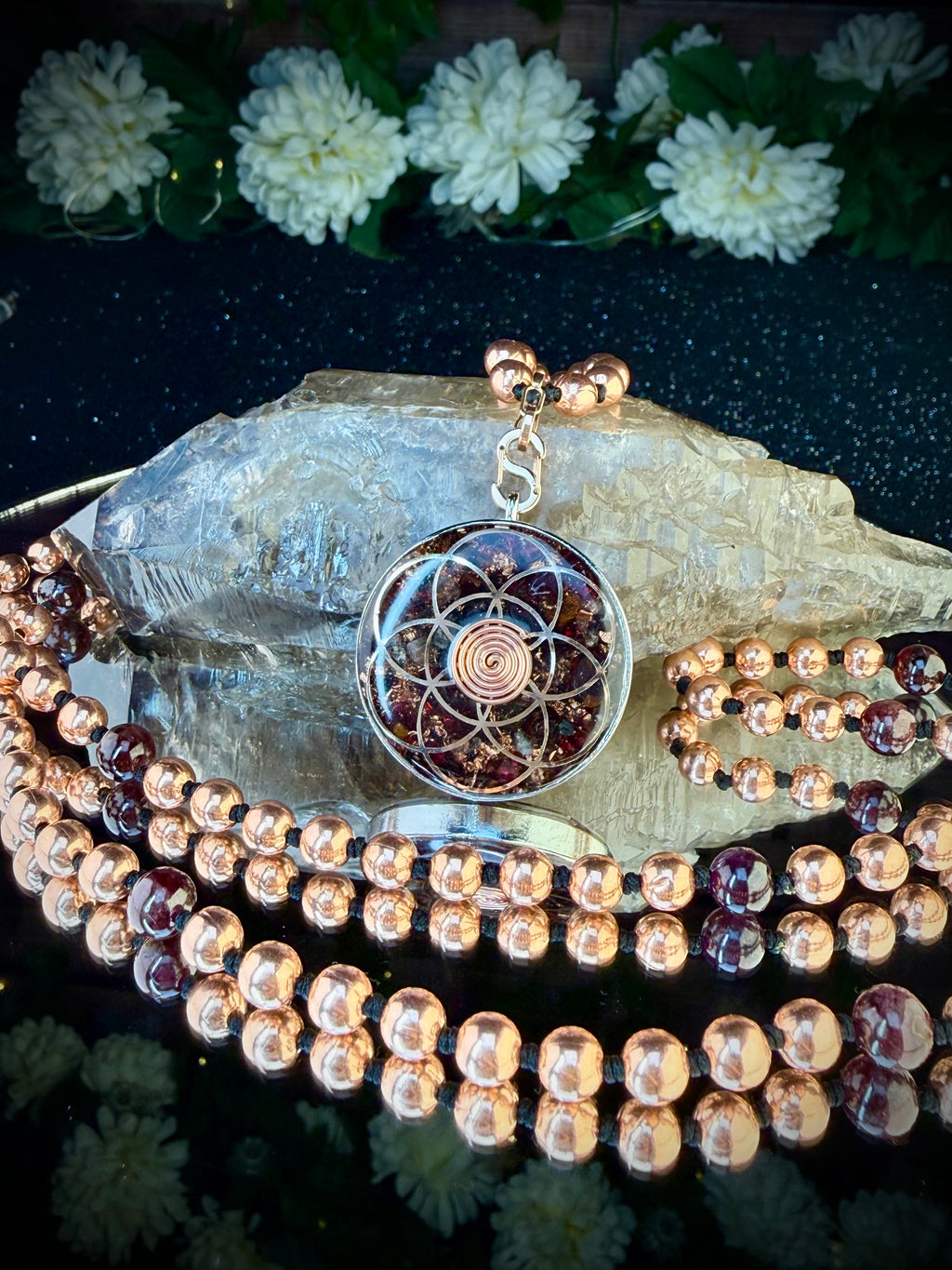 Garnet & Opal Orgonite Mala~For Passion, Strength, & Creativity
