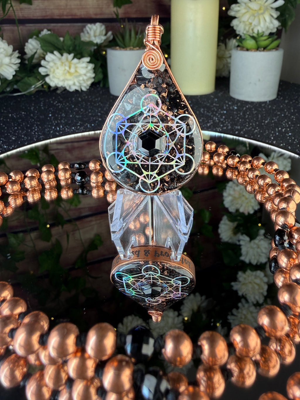 Guided & Protected~Orgonite Mala w/ Black Tourmaline, Magnetite, Black Spinel, Tensor Ring, Diamond Quartz, Clear Quartz, Copper, Hematite