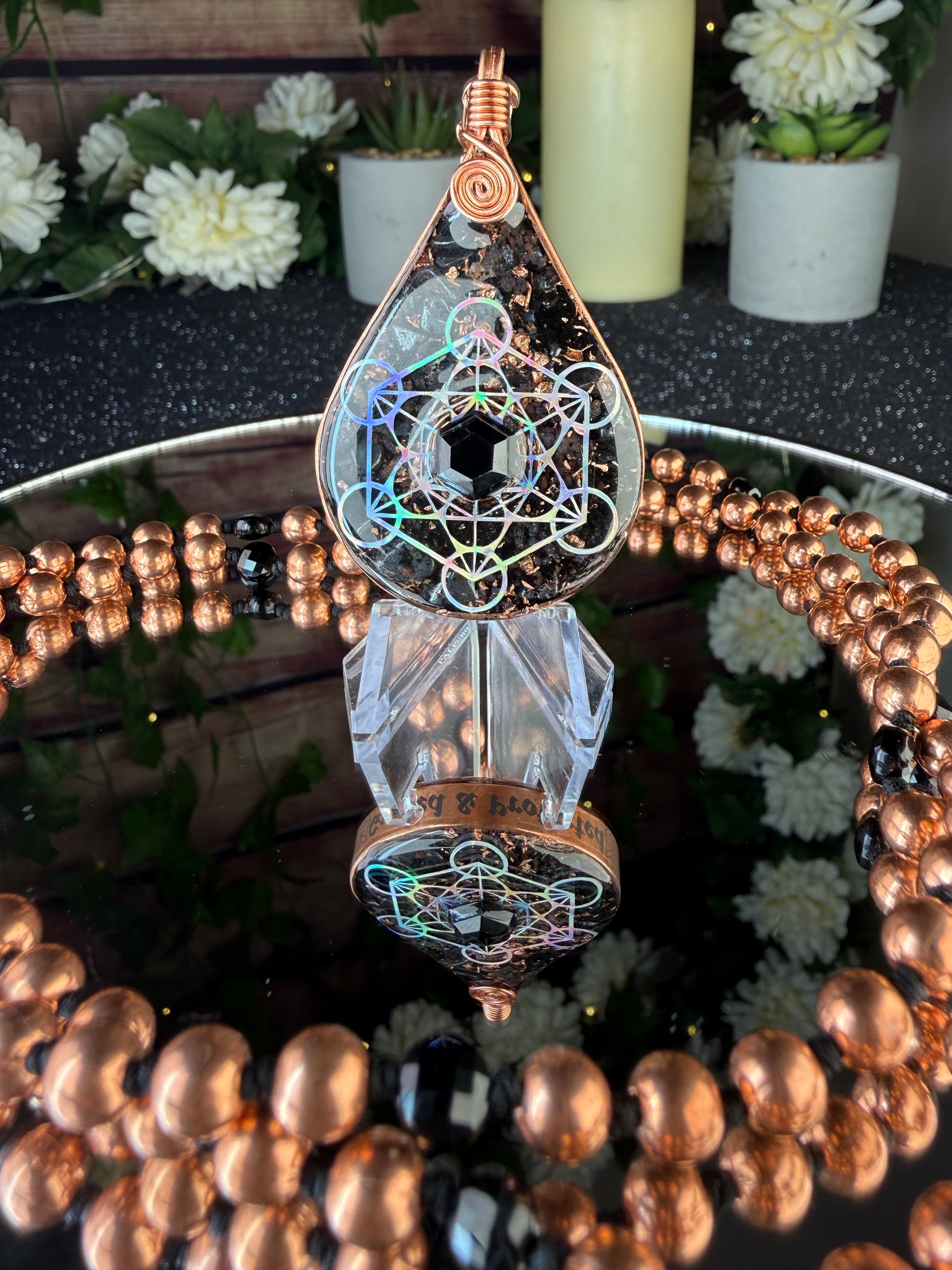 Guided & Protected~Orgonite Mala w/ Black Tourmaline, Magnetite, Black Spinel, Tensor Ring, Diamond Quartz, Clear Quartz, Copper, Hematite