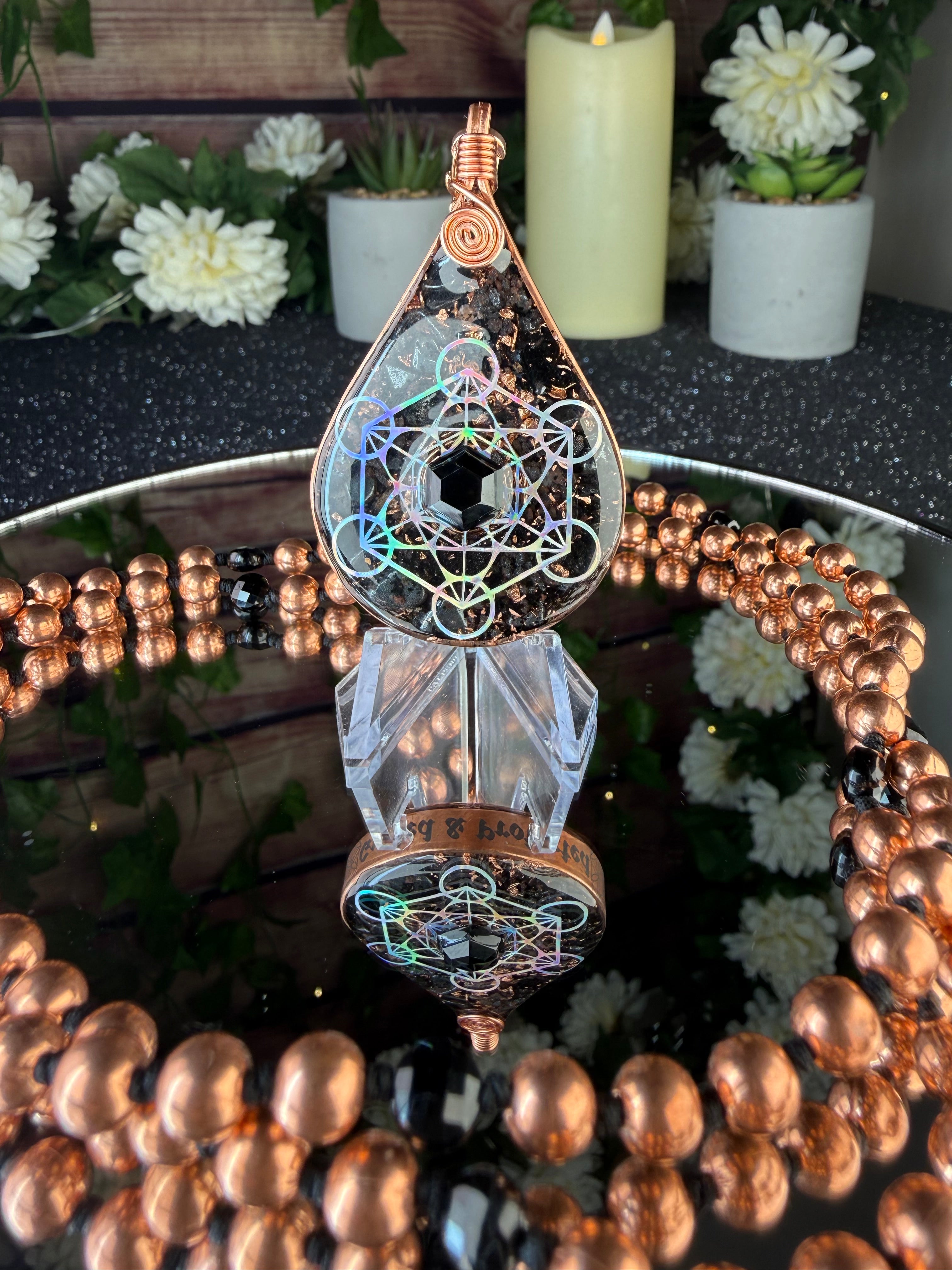 Guided & Protected~Orgonite Mala w/ Black Tourmaline, Magnetite, Black Spinel, Tensor Ring, Diamond Quartz, Clear Quartz, Copper, Hematite