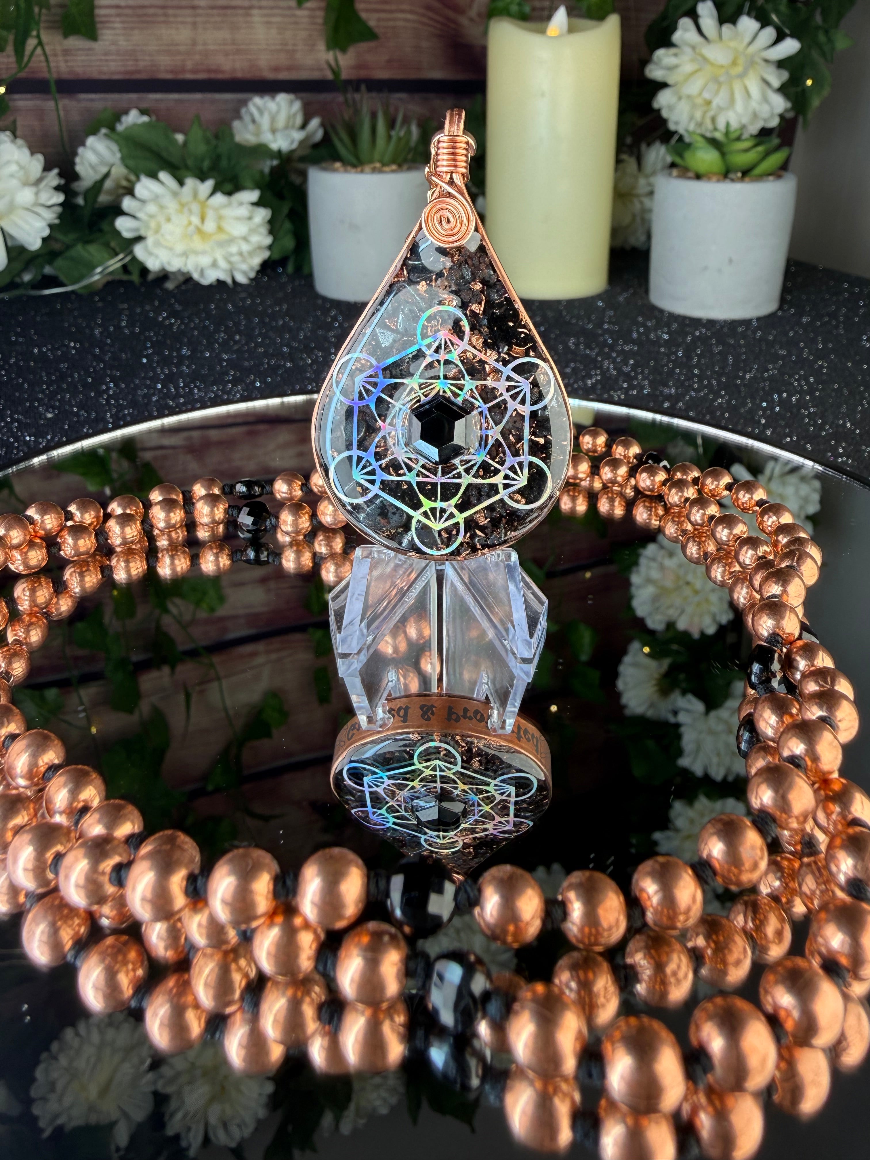 Guided & Protected~Orgonite Mala w/ Black Tourmaline, Magnetite, Black Spinel, Tensor Ring, Diamond Quartz, Clear Quartz, Copper, Hematite