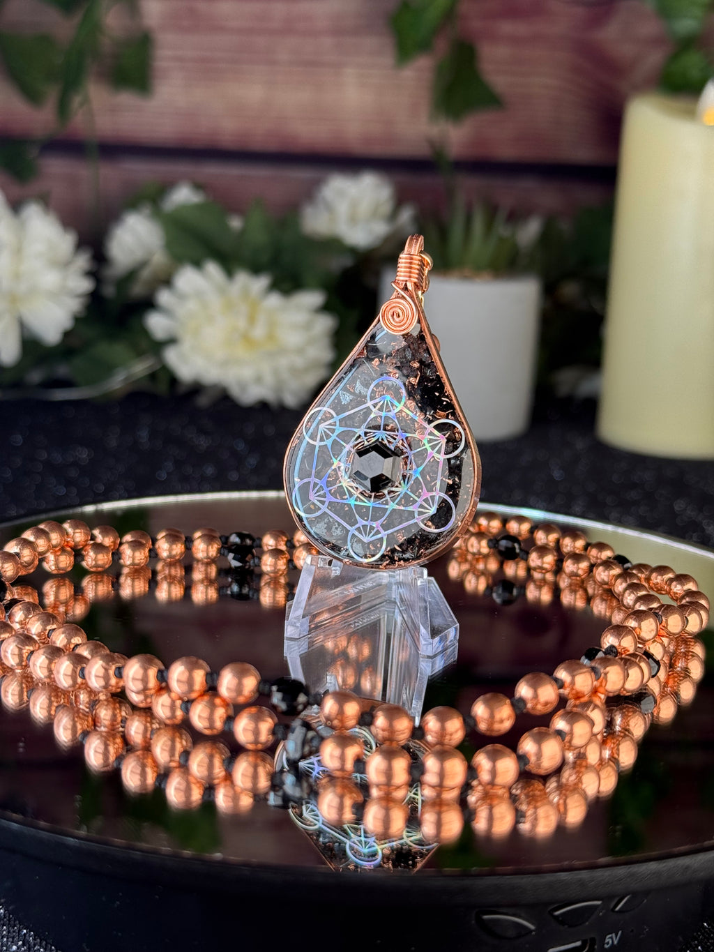 Guided & Protected~Orgonite Mala w/ Black Tourmaline, Magnetite, Black Spinel, Tensor Ring, Diamond Quartz, Clear Quartz, Copper, Hematite