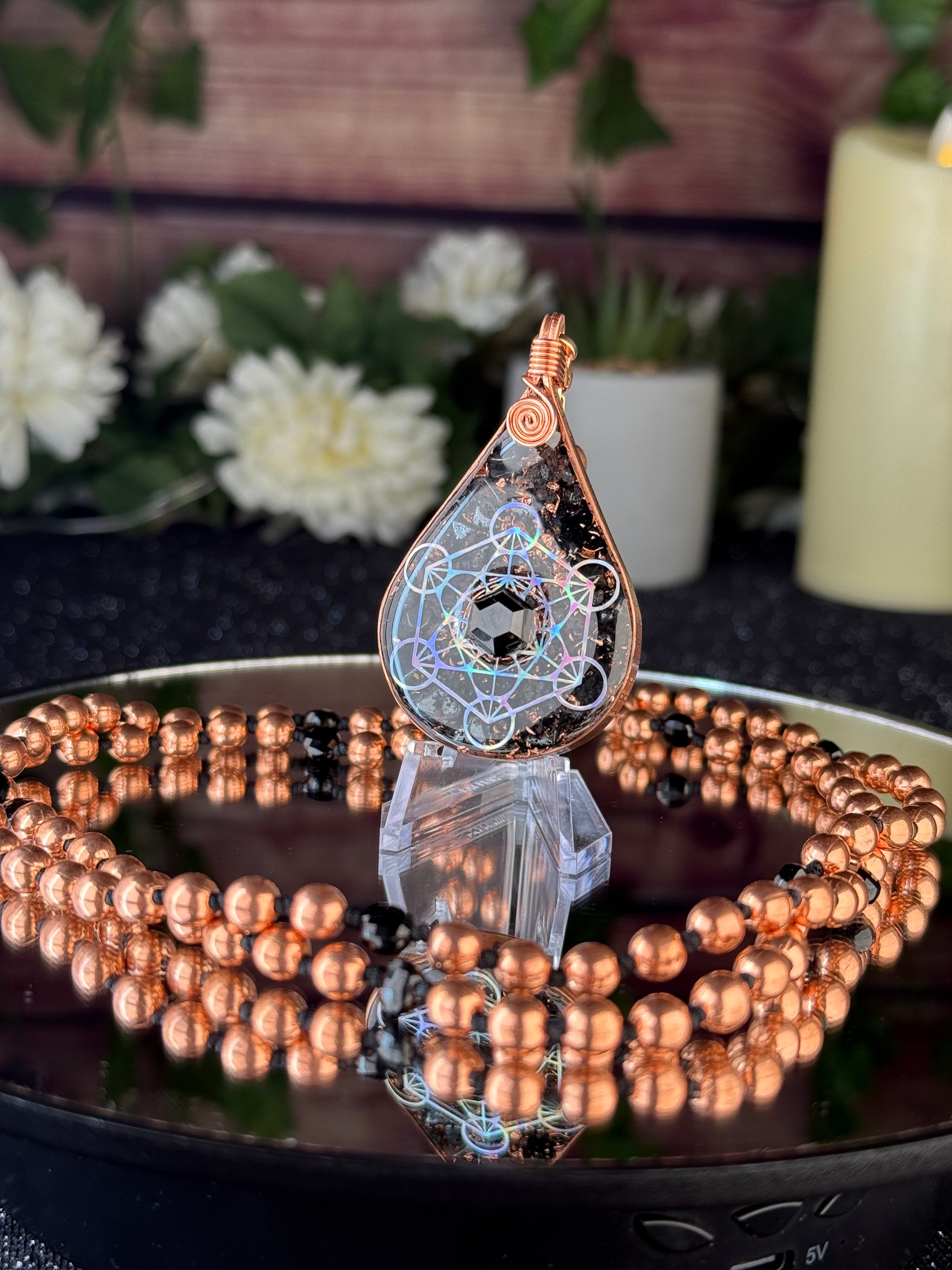 Guided & Protected~Orgonite Mala w/ Black Tourmaline, Magnetite, Black Spinel, Tensor Ring, Diamond Quartz, Clear Quartz, Copper, Hematite