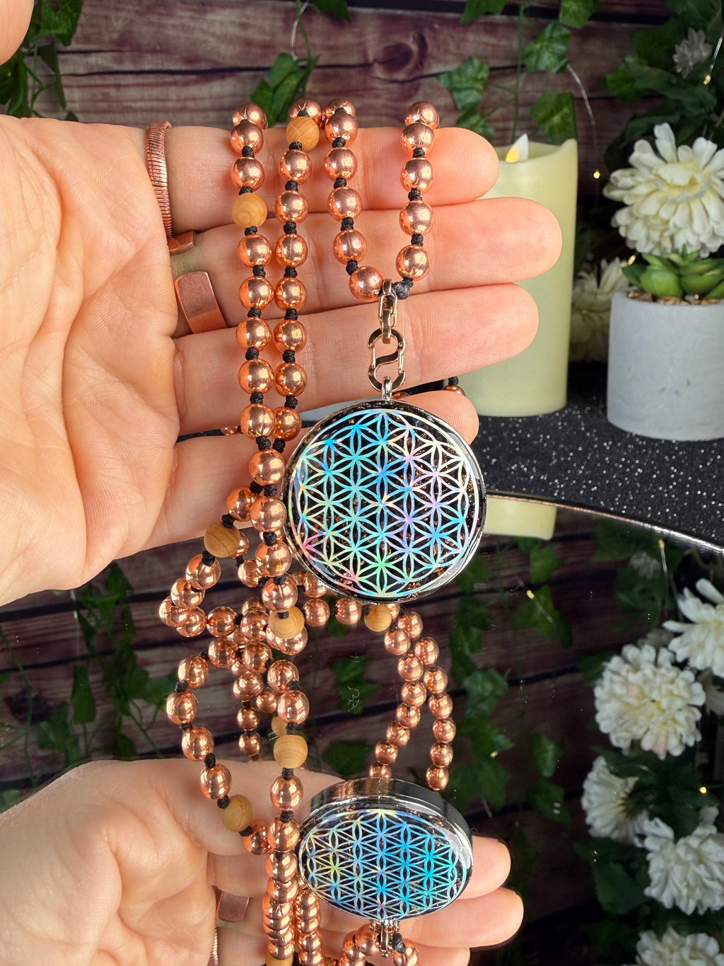 Flower of Life Grounding Orgonite w/ Cedar & Copper Beaded Interchangeable Mala Necklace