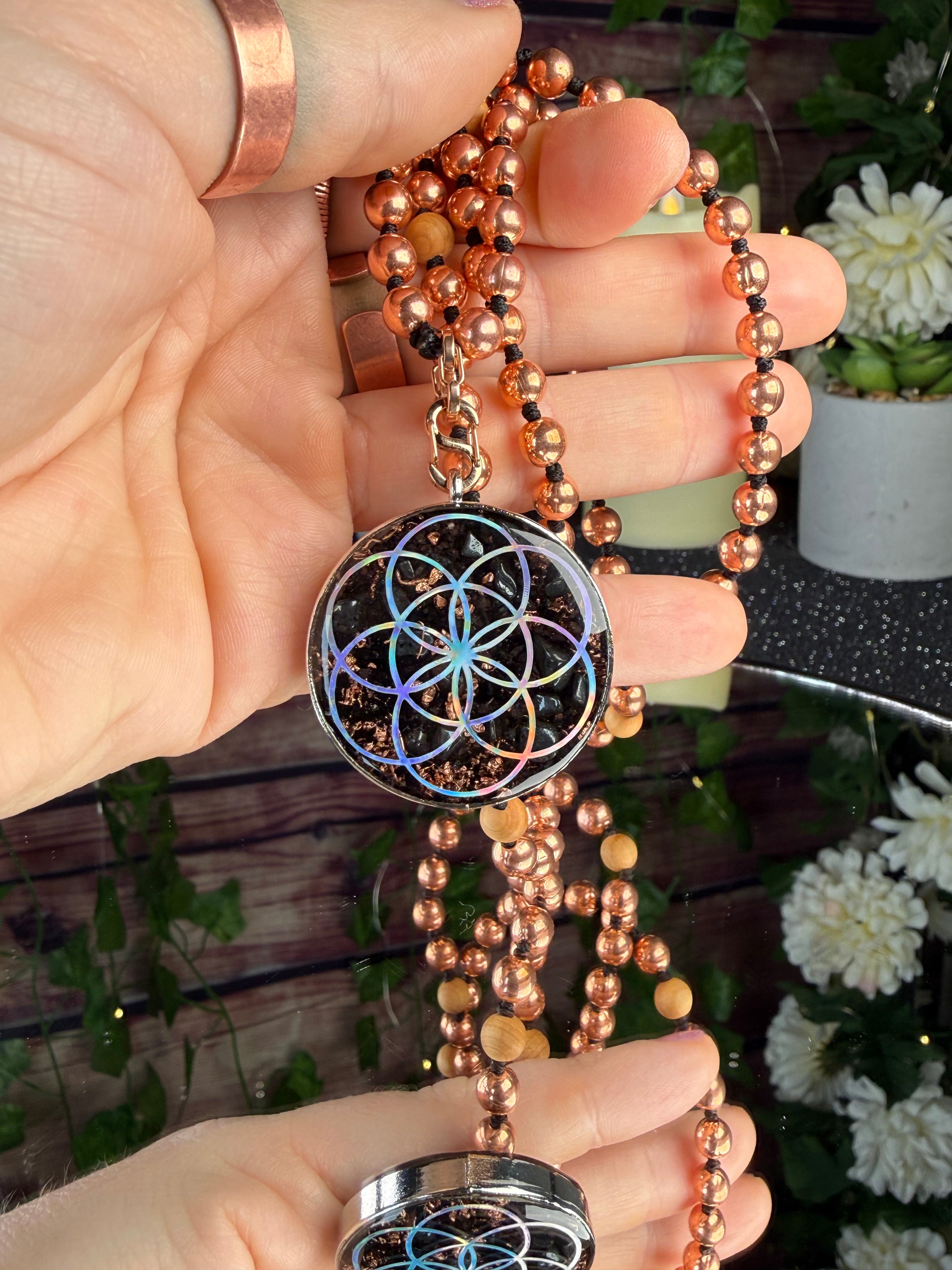 Flower of Life Grounding Orgonite w/ Cedar & Copper Beaded Interchangeable Mala Necklace