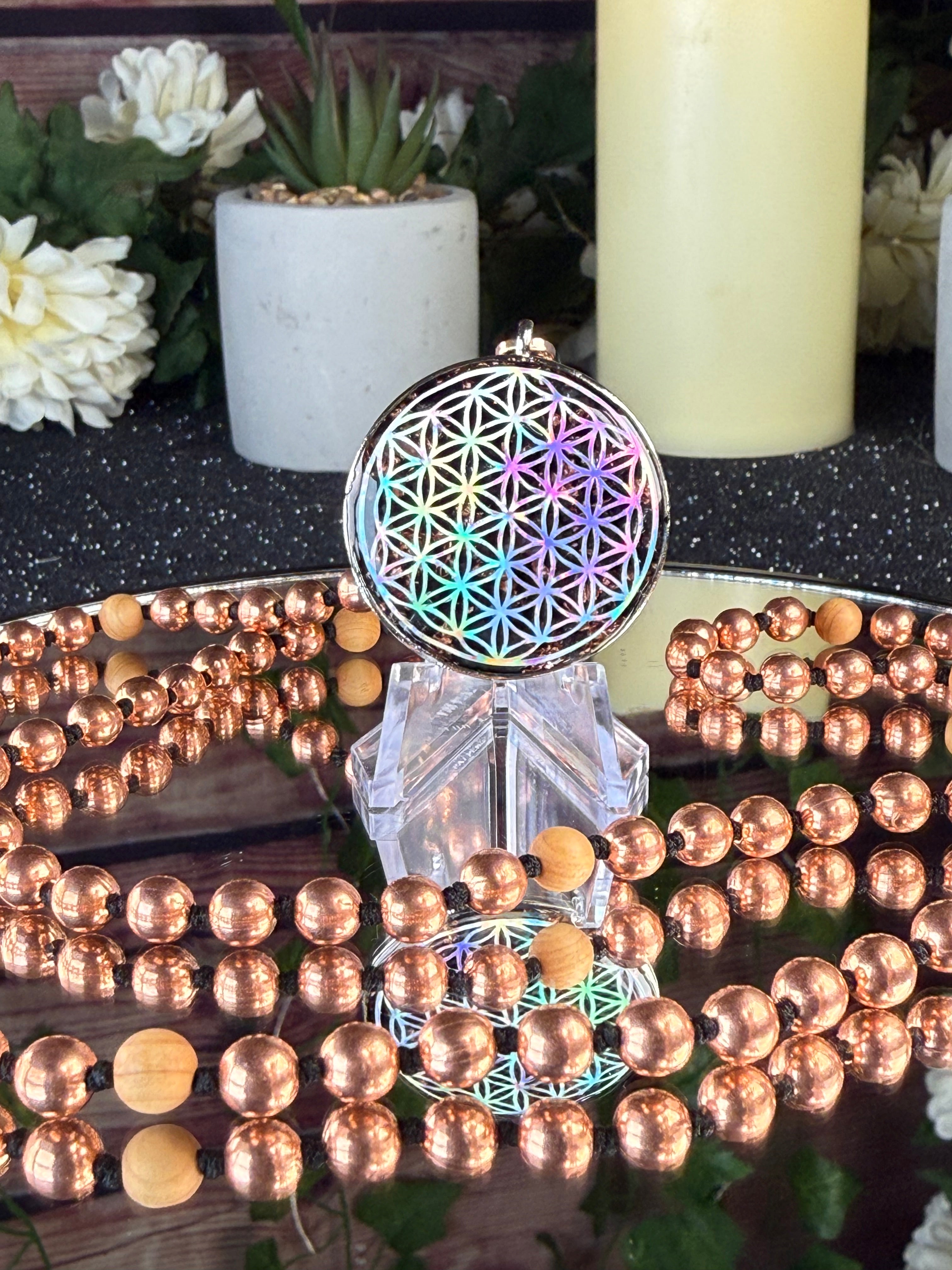 Flower of Life Grounding Orgonite w/ Cedar & Copper Beaded Interchangeable Mala Necklace