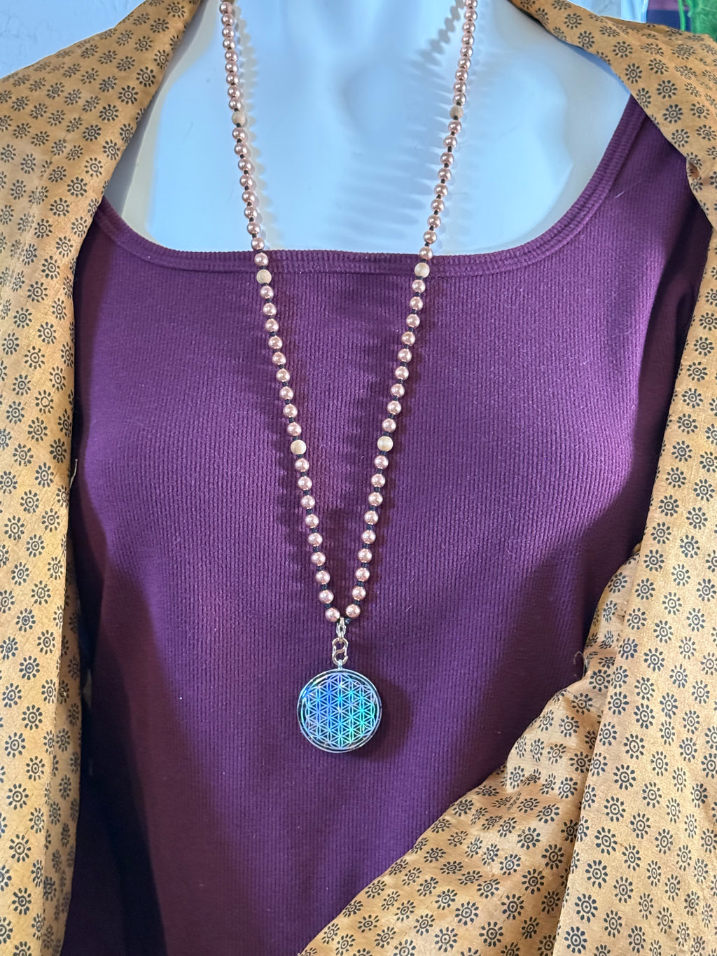 Flower of Life Grounding Orgonite w/ Cedar & Copper Beaded Interchangeable Mala Necklace