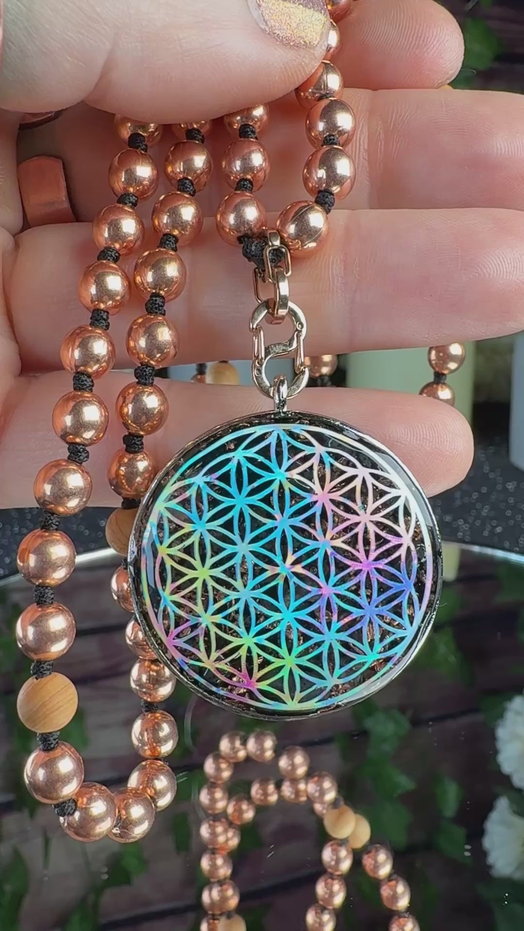 Flower of Life Grounding Orgonite w/ Cedar & Copper Beaded Interchangeable Mala Necklace