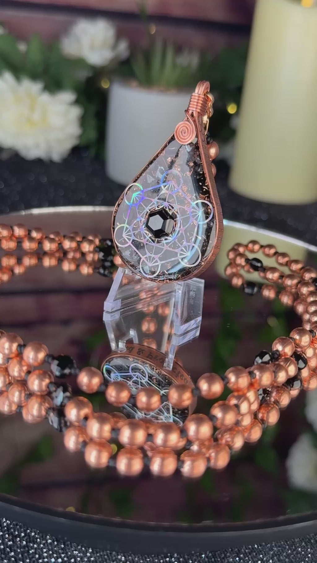 Guided & Protected~Orgonite Mala w/ Black Tourmaline, Magnetite, Black Spinel, Tensor Ring, Diamond Quartz, Clear Quartz, Copper, Hematite
